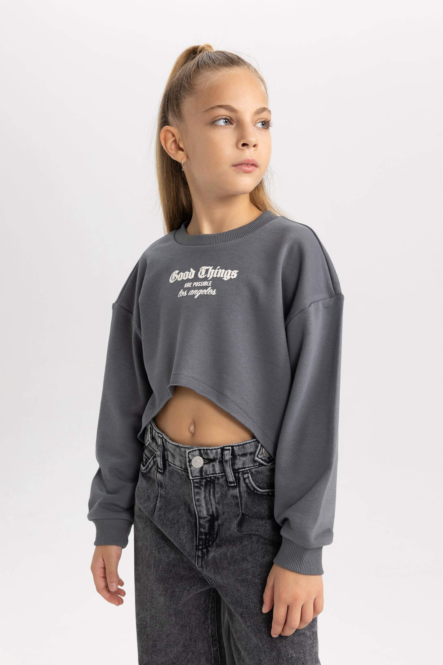 Kız Çocuk 2'li Takım Baskılı Crop Bisiklet Yaka  Sweatshirt Askılı Atlet