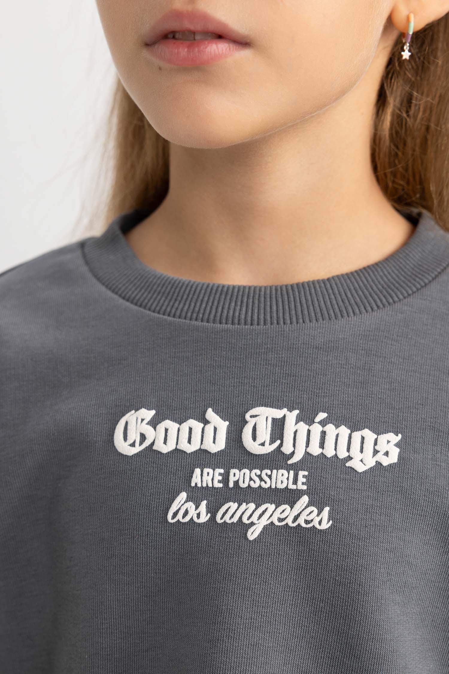 Kız Çocuk 2'li Takım Baskılı Crop Bisiklet Yaka  Sweatshirt Askılı Atlet