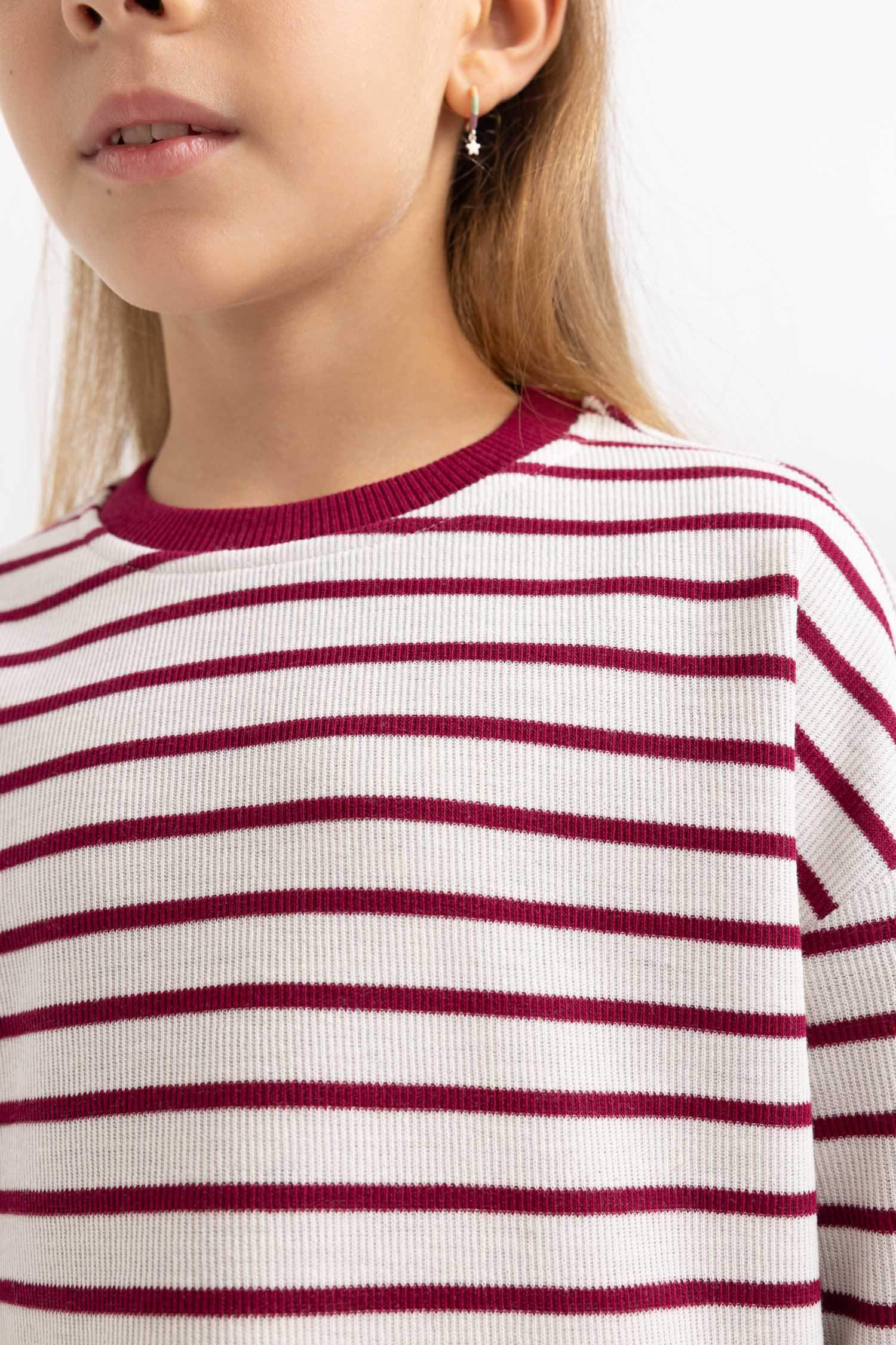 سويت شيرت مخطط بناتي قصة فضفاضة بياخة مستديرة