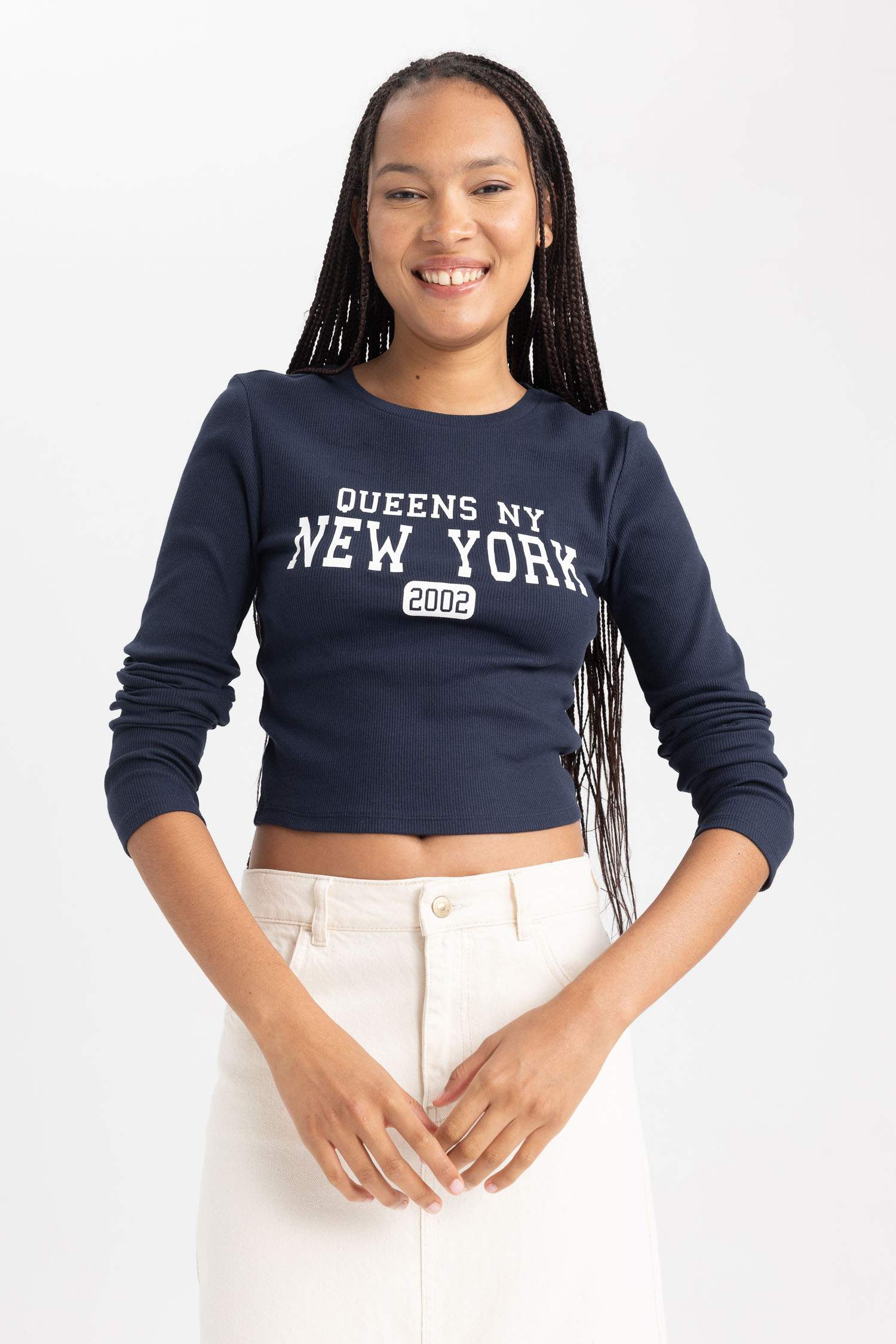 تي شيرت كم طويل مضلع سليم فيت بياقة مستديرة