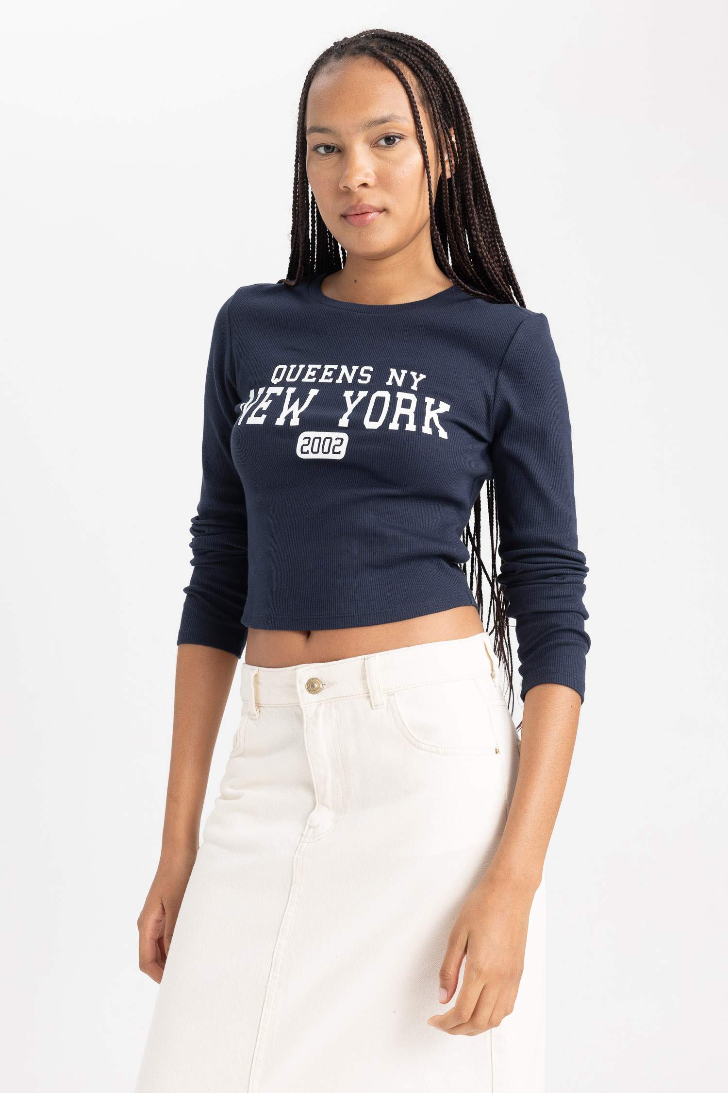 تي شيرت كم طويل مضلع سليم فيت بياقة مستديرة