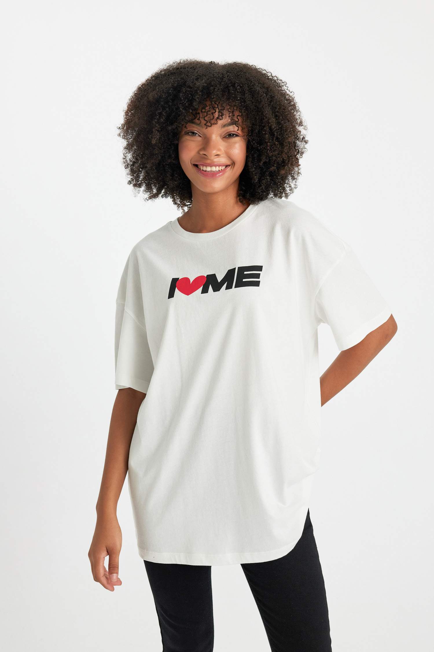 Oversize Fit I Love Me Baskılı Kısa Kollu Tişört