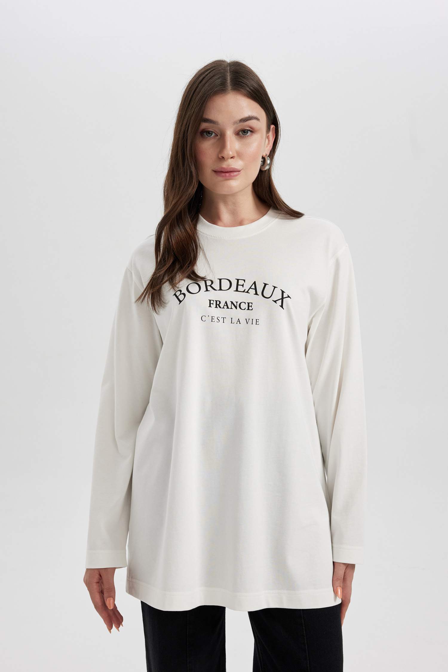 Regular Fit Crew Neck Slogan Pattern Long Sleeve Tunic