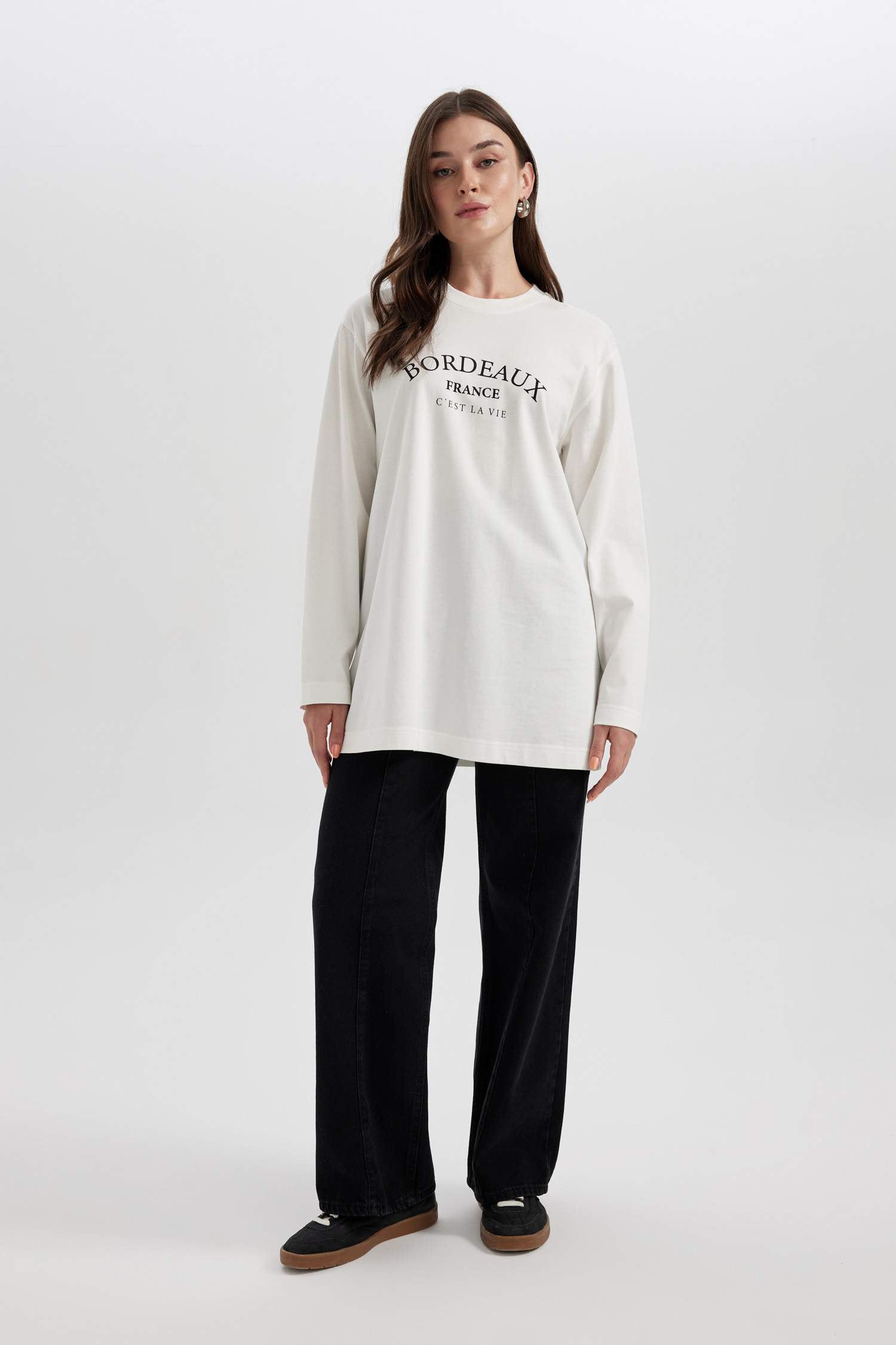 Regular Fit Crew Neck Slogan Pattern Long Sleeve Tunic