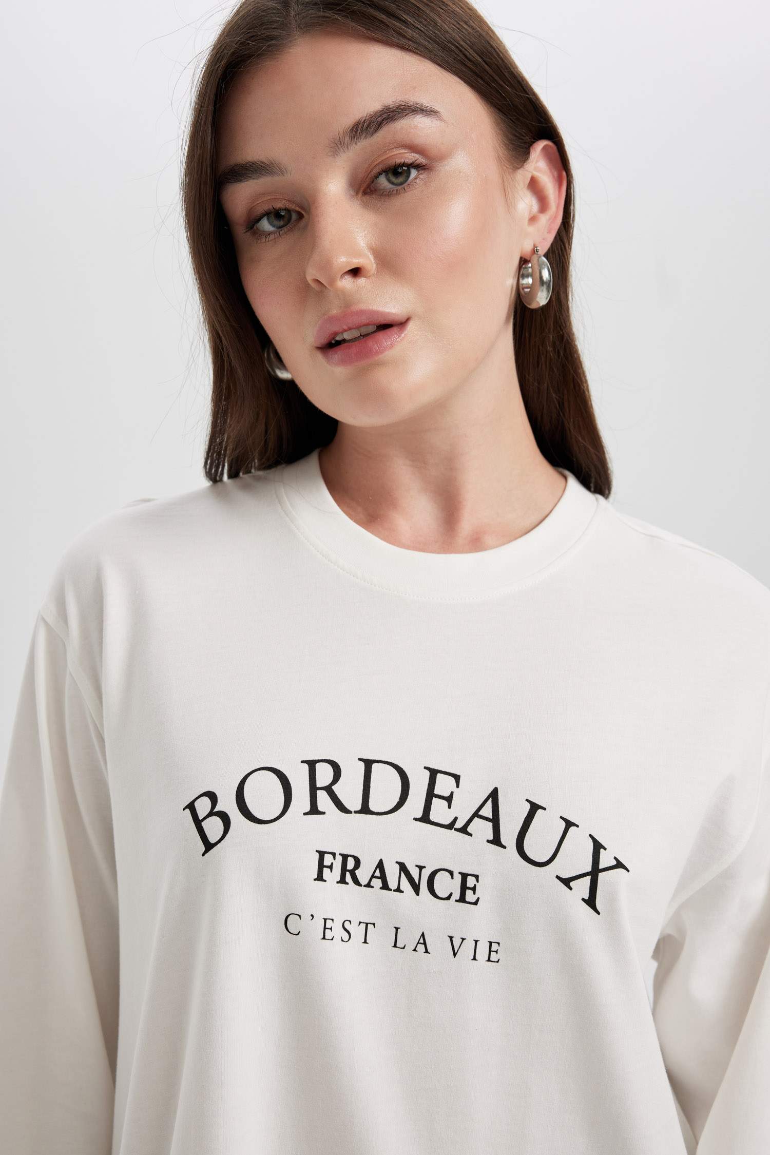 Regular Fit Crew Neck Slogan Pattern Long Sleeve Tunic