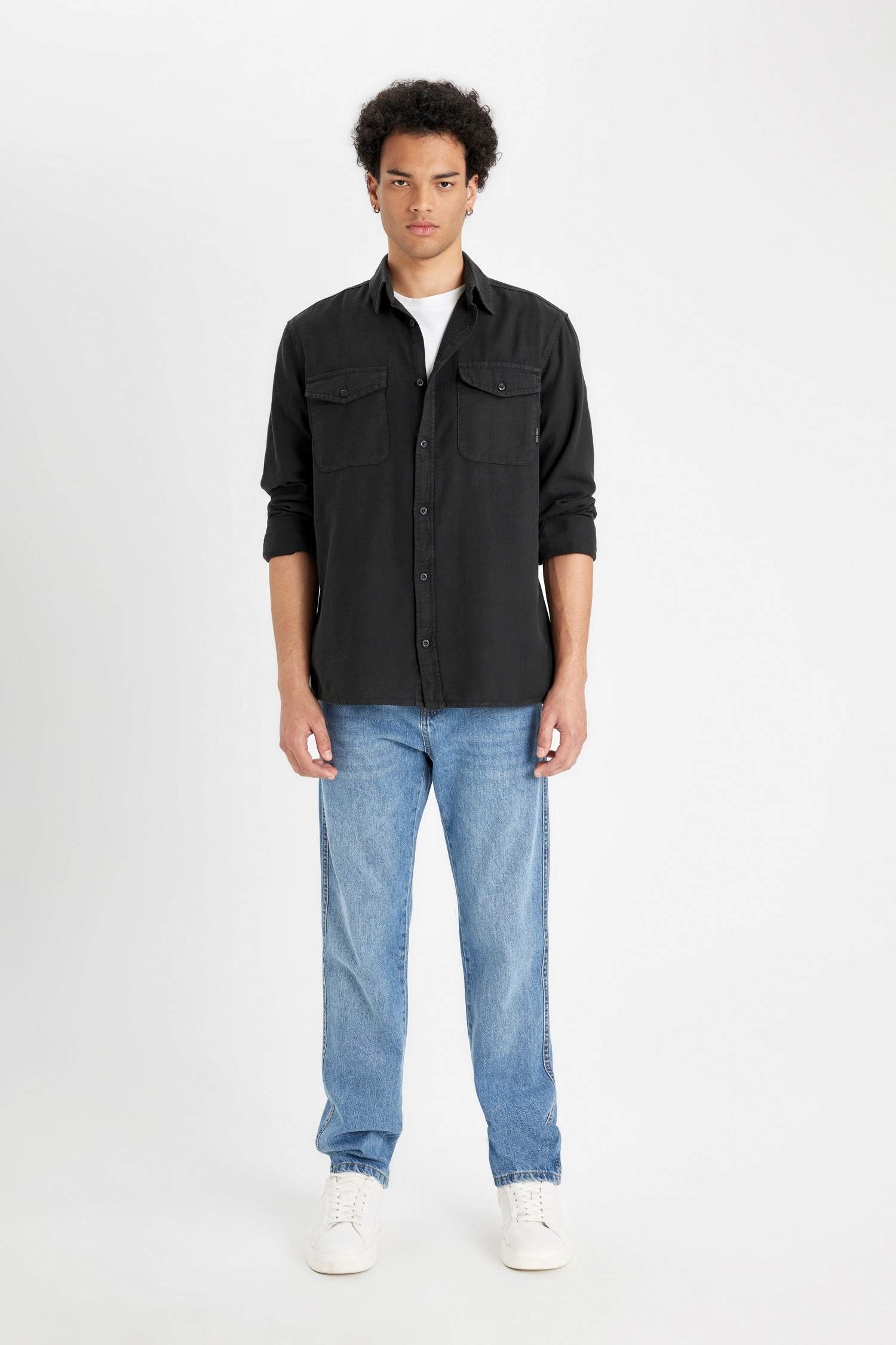 %100 Pamuk Regular Fit Polo Yaka Basic Düz Uzun Kollu Gömlek