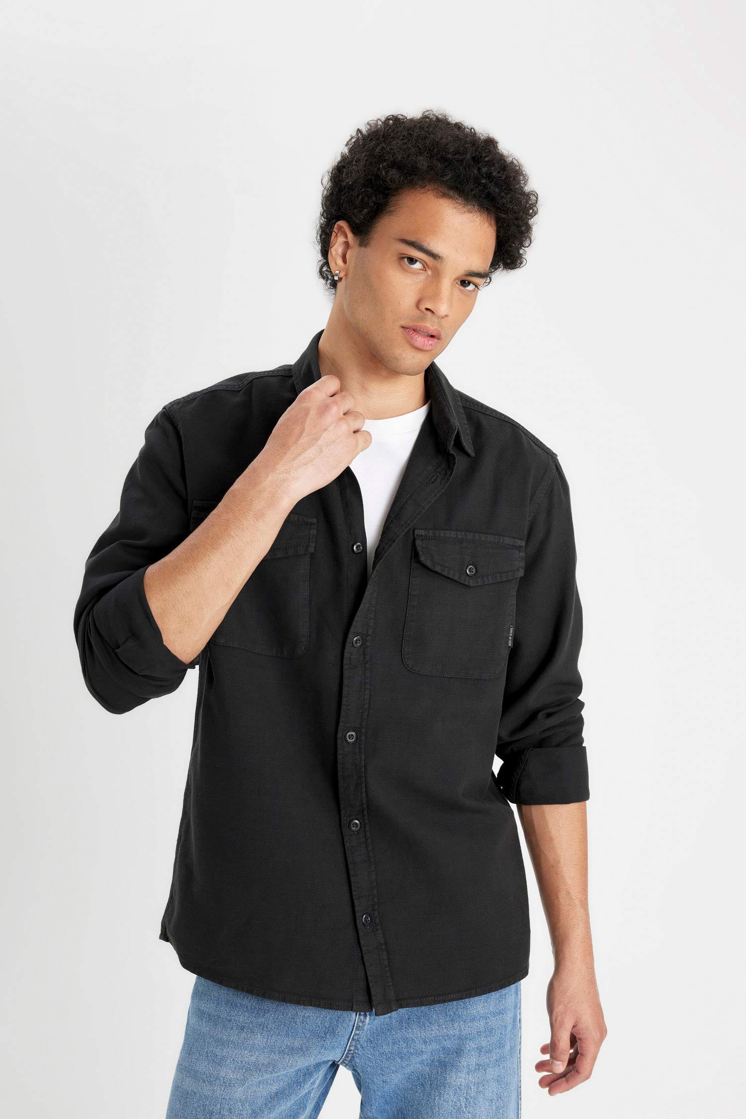 %100 Pamuk Regular Fit Polo Yaka Basic Düz Uzun Kollu Gömlek