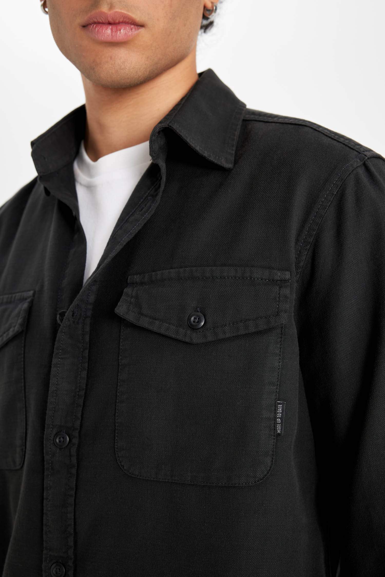 %100 Pamuk Regular Fit Polo Yaka Basic Düz Uzun Kollu Gömlek