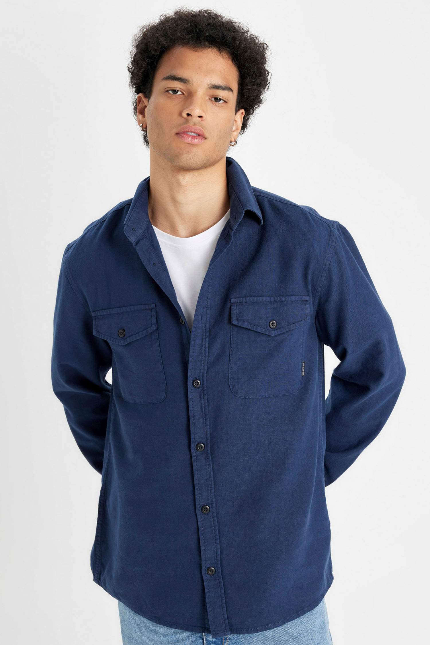 %100 Pamuk Regular Fit Polo Yaka Basic Düz Uzun Kollu Gömlek