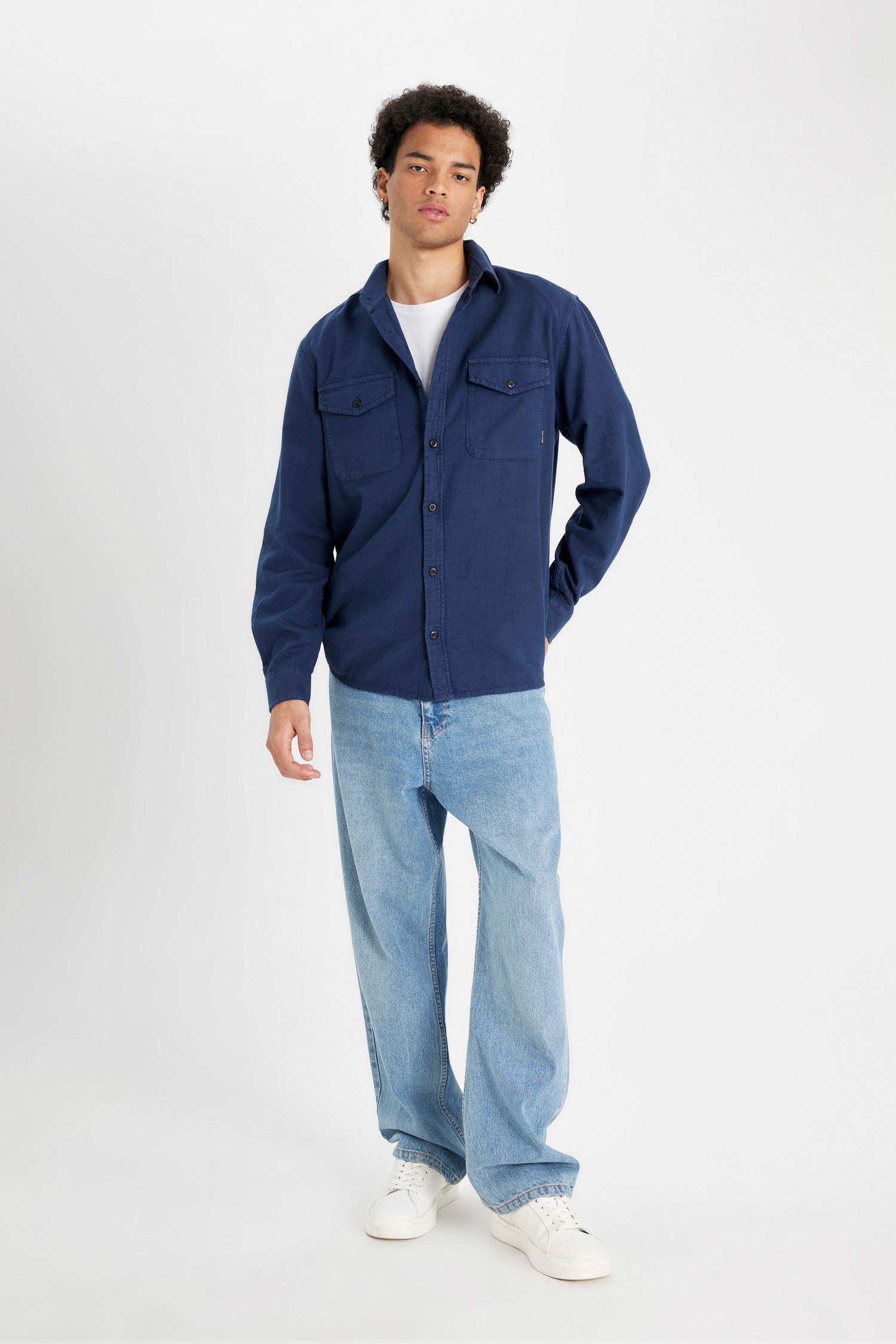 %100 Pamuk Regular Fit Polo Yaka Basic Düz Uzun Kollu Gömlek