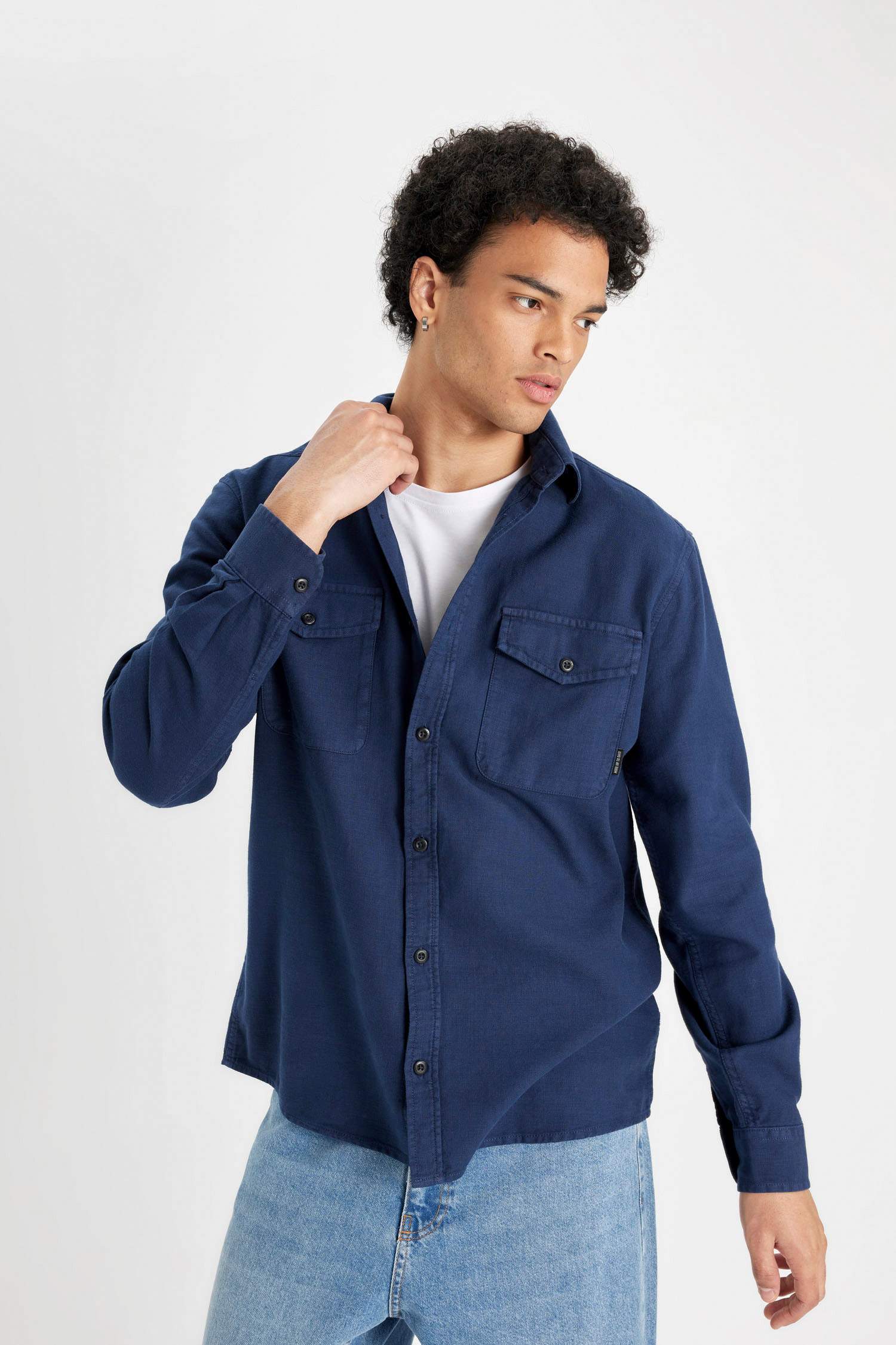 %100 Pamuk Regular Fit Polo Yaka Basic Düz Uzun Kollu Gömlek