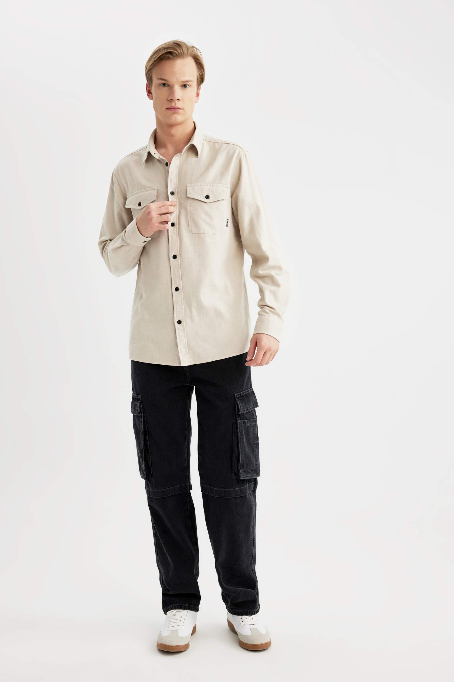 %100 Pamuk Regular Fit Polo Yaka Basic Düz Uzun Kollu Gömlek