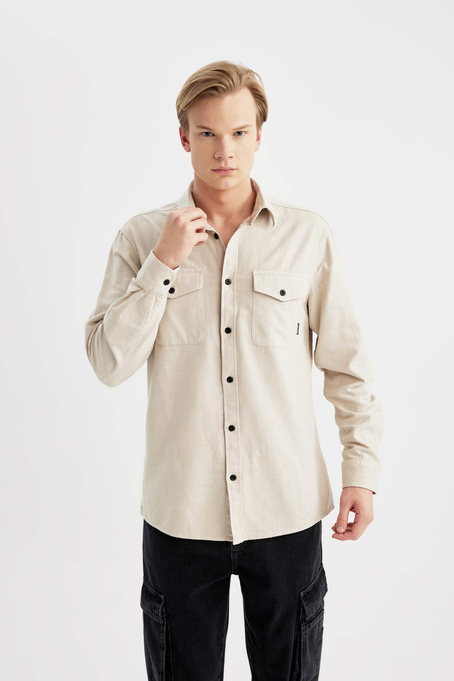 %100 Pamuk Regular Fit Polo Yaka Basic Düz Uzun Kollu Gömlek