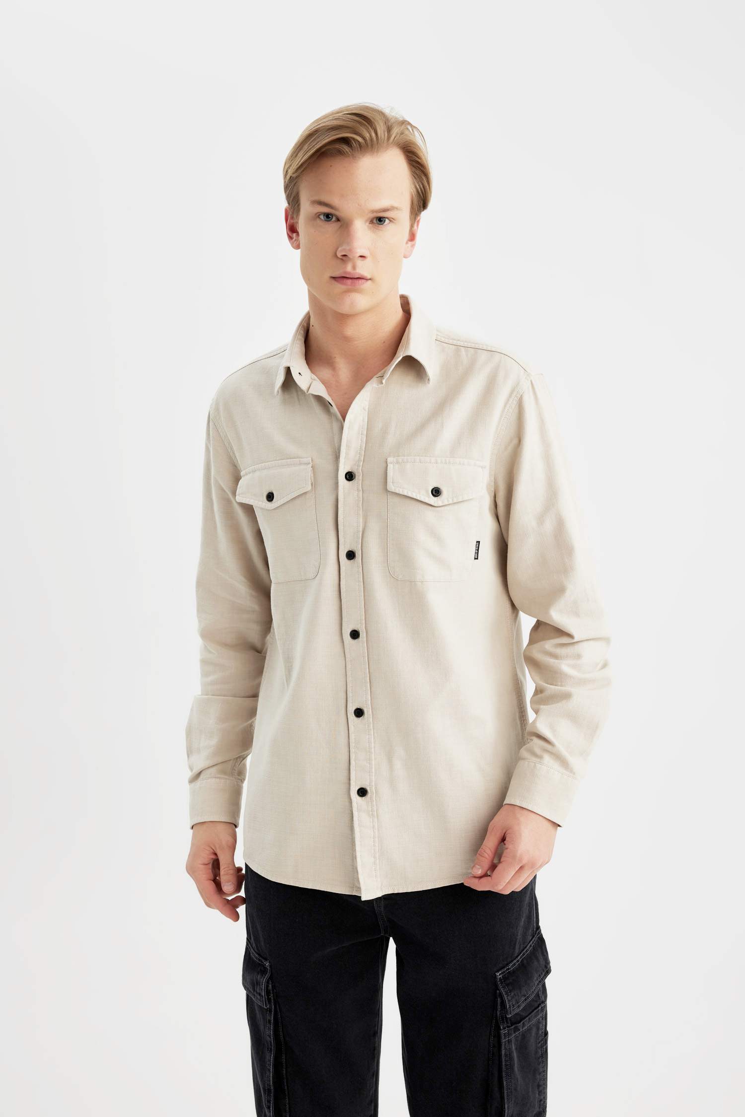 %100 Pamuk Regular Fit Polo Yaka Basic Düz Uzun Kollu Gömlek