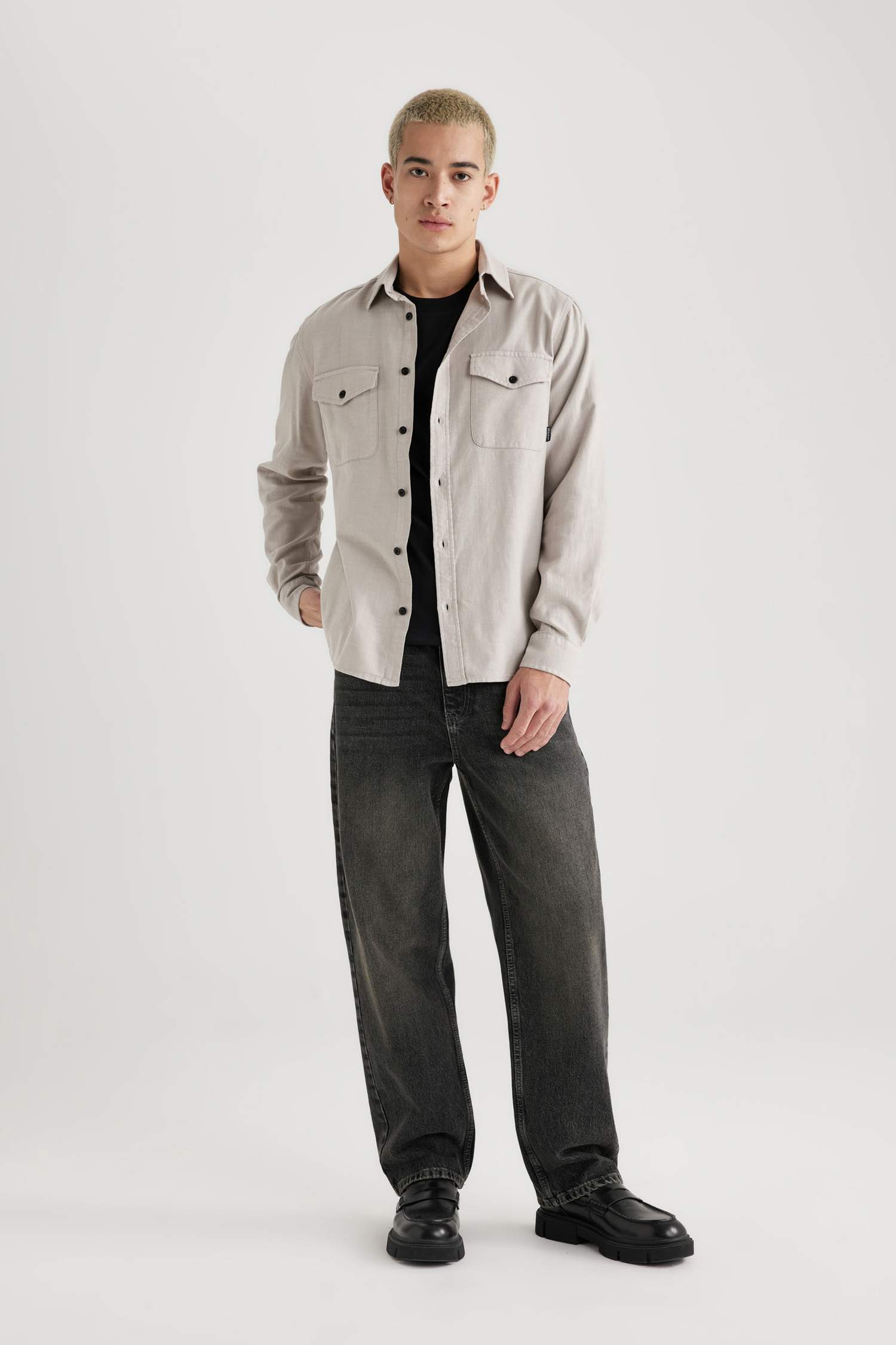 %100 Pamuk Regular Fit Polo Yaka Basic Düz Pamuklu Uzun Kollu Gömlek