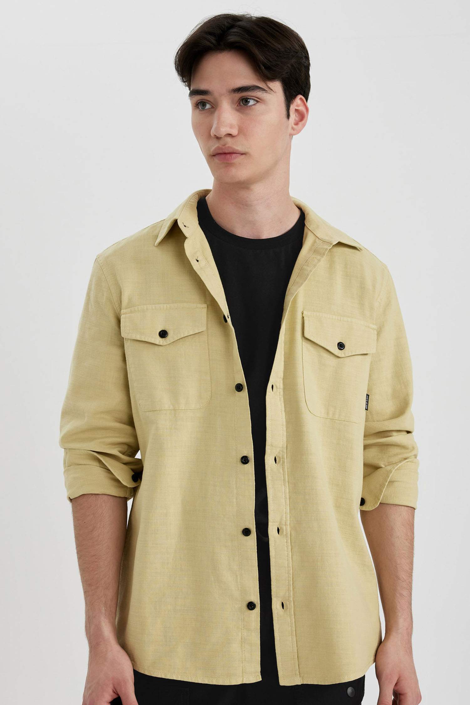 Regular Fit Polo Yaka Basic Düz Pamuklu Uzun Kollu Gömlek