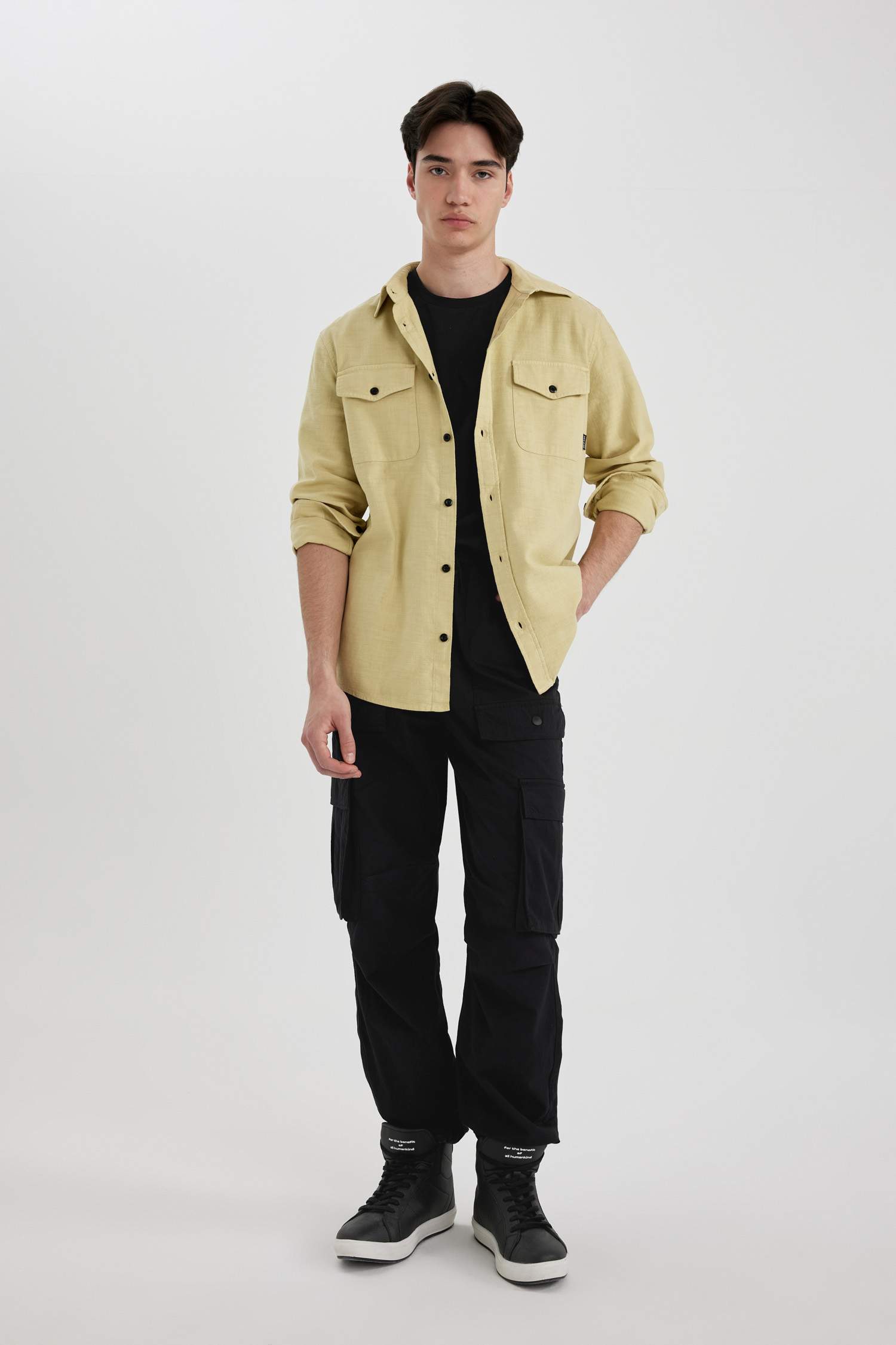 Regular Fit Polo Yaka Basic Düz Pamuklu Uzun Kollu Gömlek