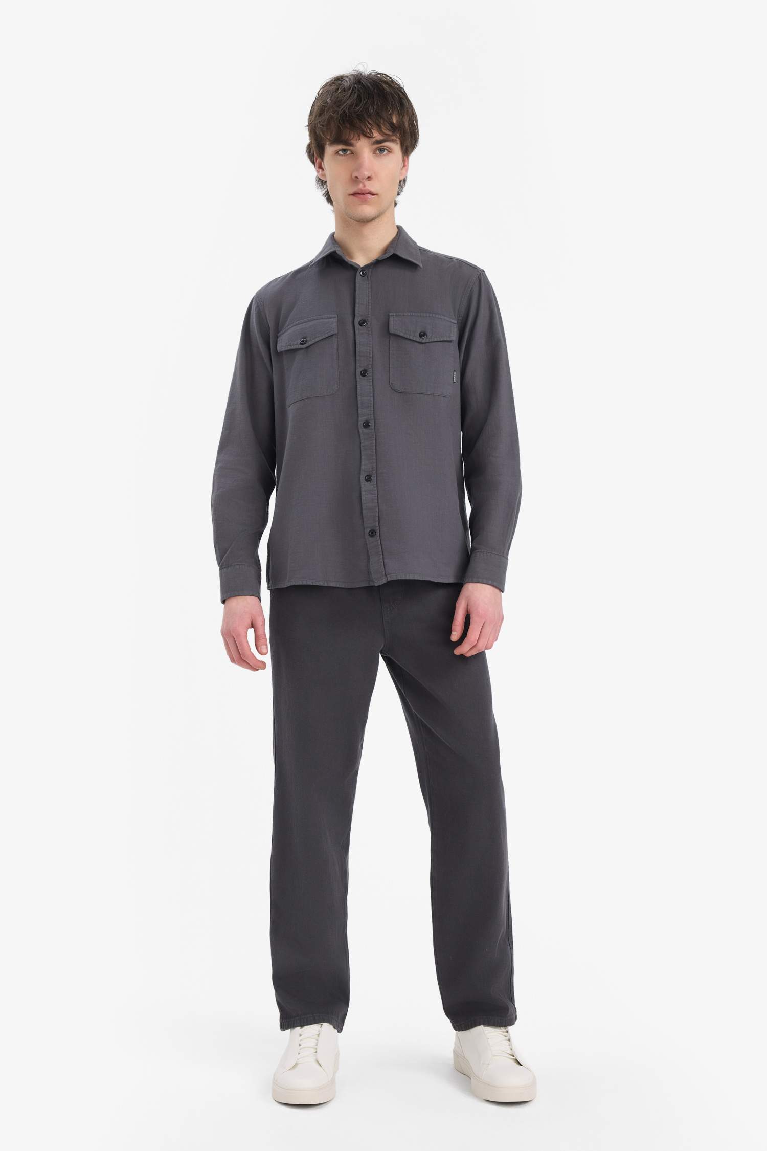 %100 Pamuk Regular Fit Polo Yaka Basic Düz Uzun Kollu Gömlek