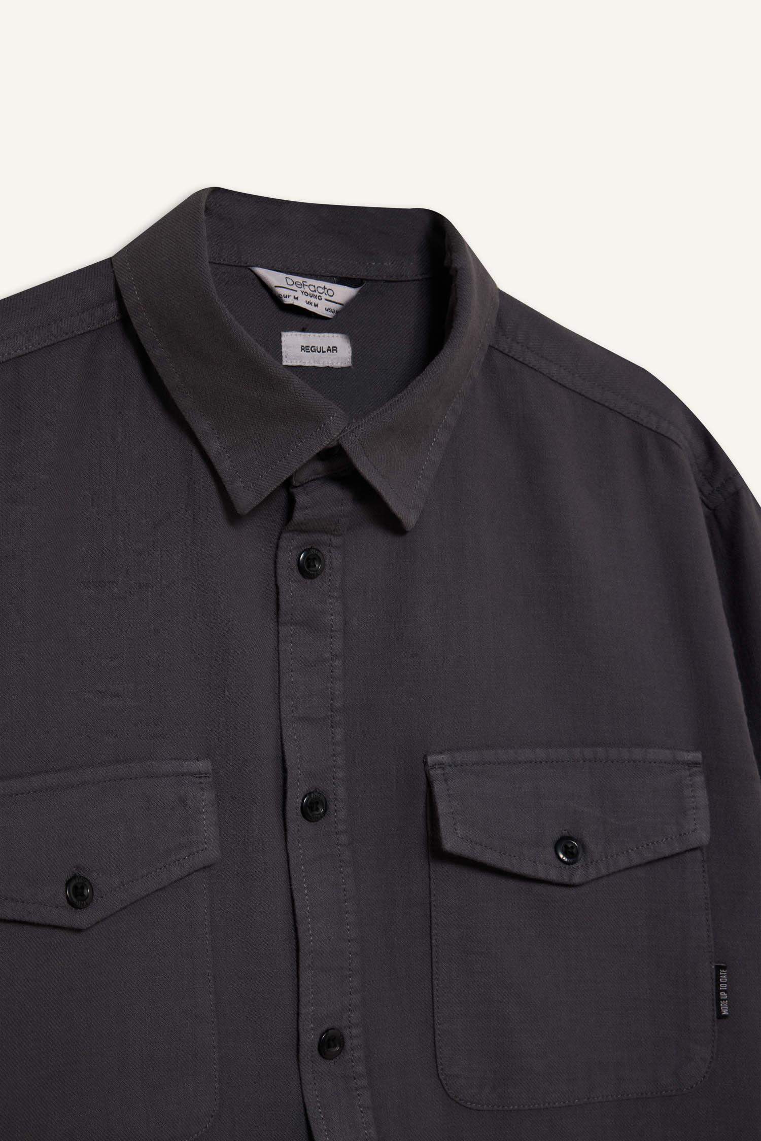 %100 Pamuk Regular Fit Polo Yaka Basic Düz Uzun Kollu Gömlek