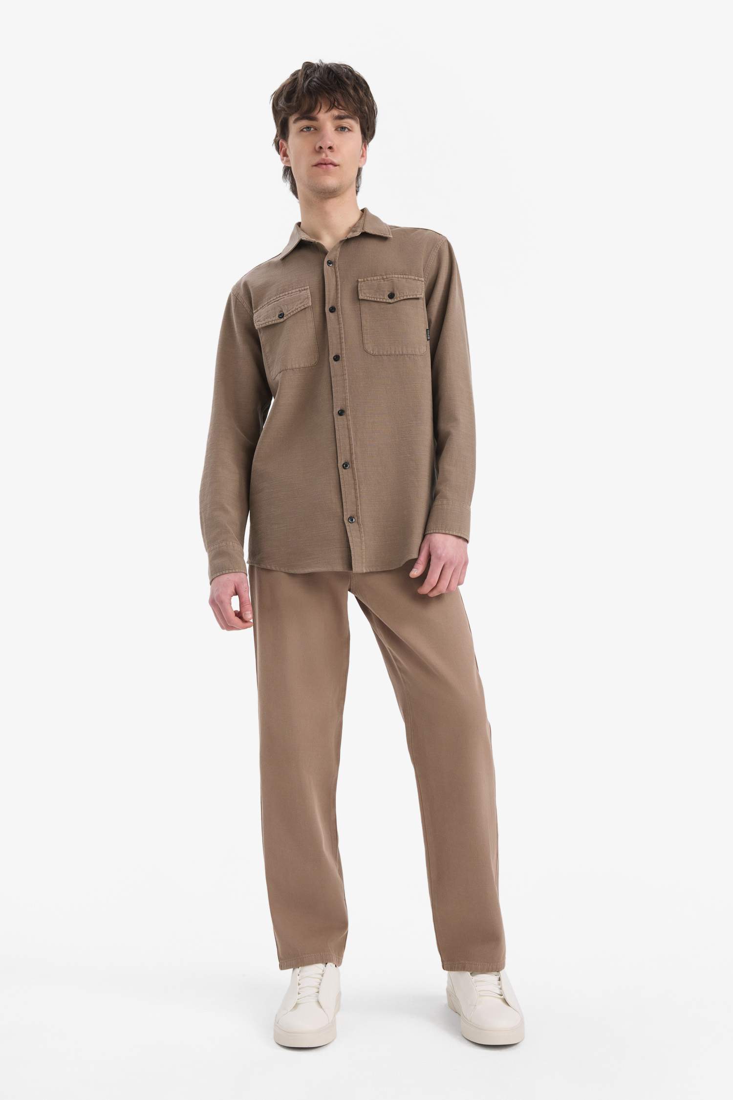 %100 Pamuk Regular Fit Polo Yaka Basic Düz Uzun Kollu Gömlek