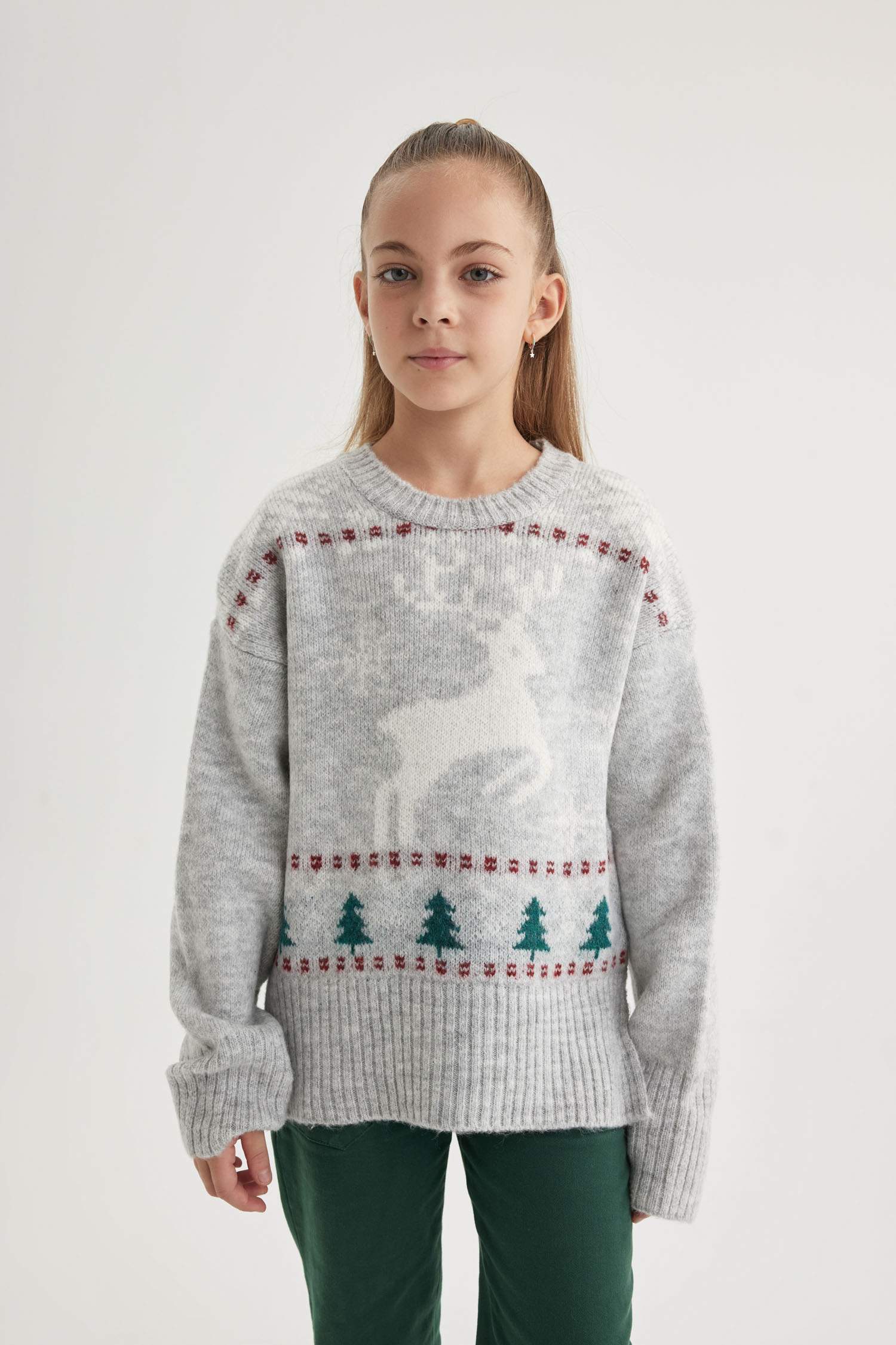 Kız Çocuk Yılbaşı Temalı Bisiklet Yaka Triko Kazak