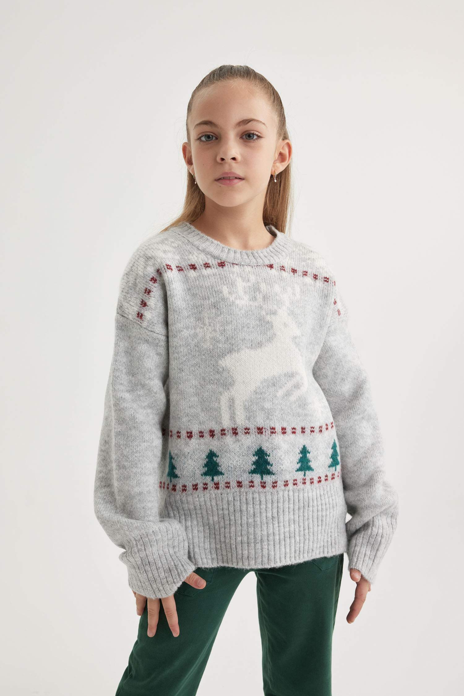 Kız Çocuk Yılbaşı Temalı Bisiklet Yaka Triko Kazak