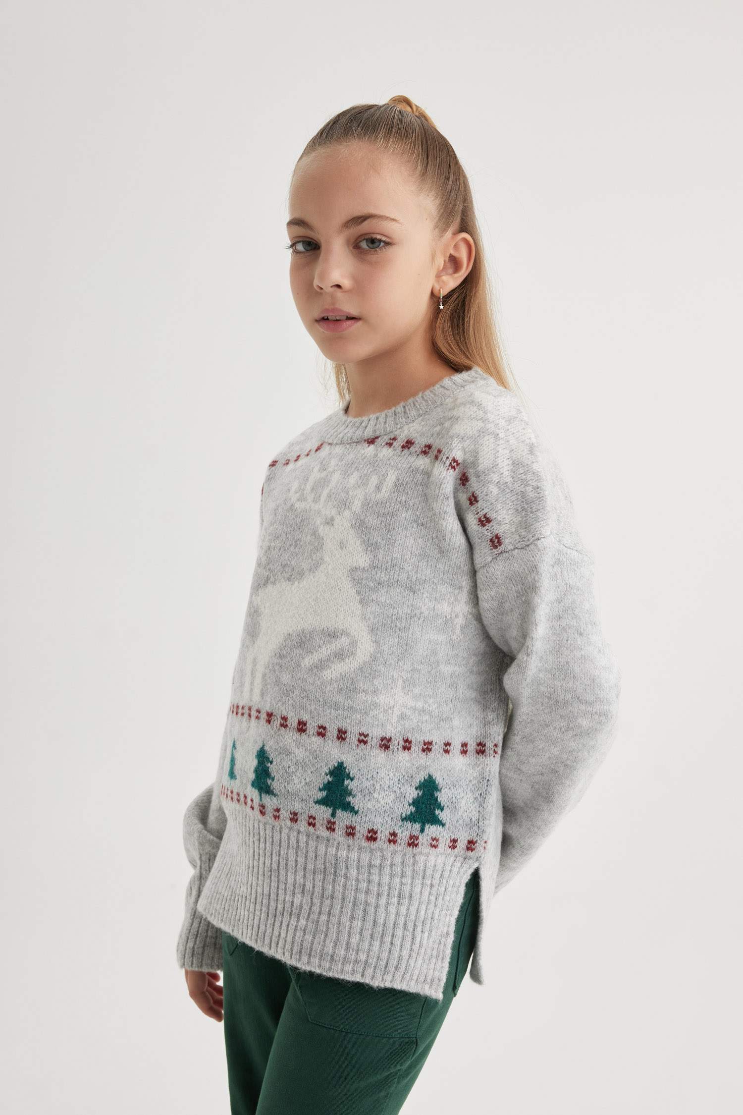 Kız Çocuk Yılbaşı Temalı Bisiklet Yaka Triko Kazak