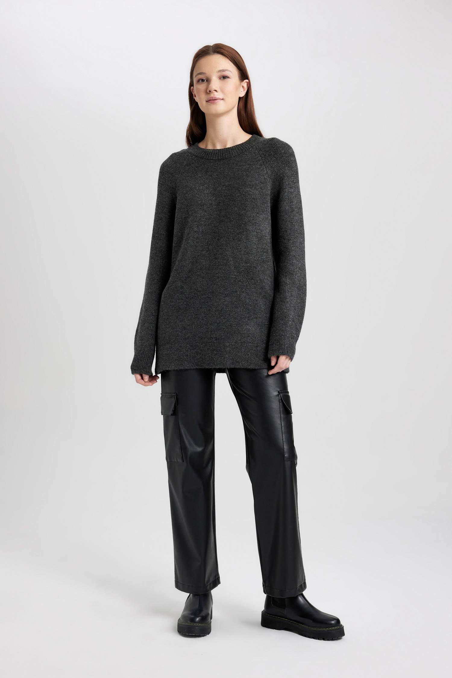 Regular Fit Bisiklet Yaka Basic Düz Triko Kazak Tunik