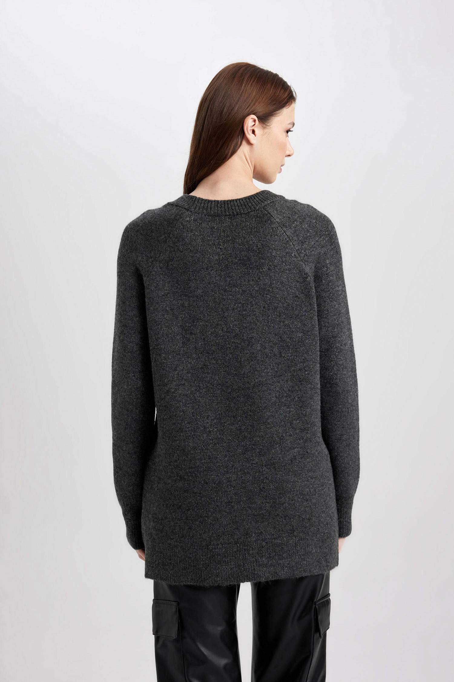 Regular Fit Bisiklet Yaka Basic Düz Triko Kazak Tunik