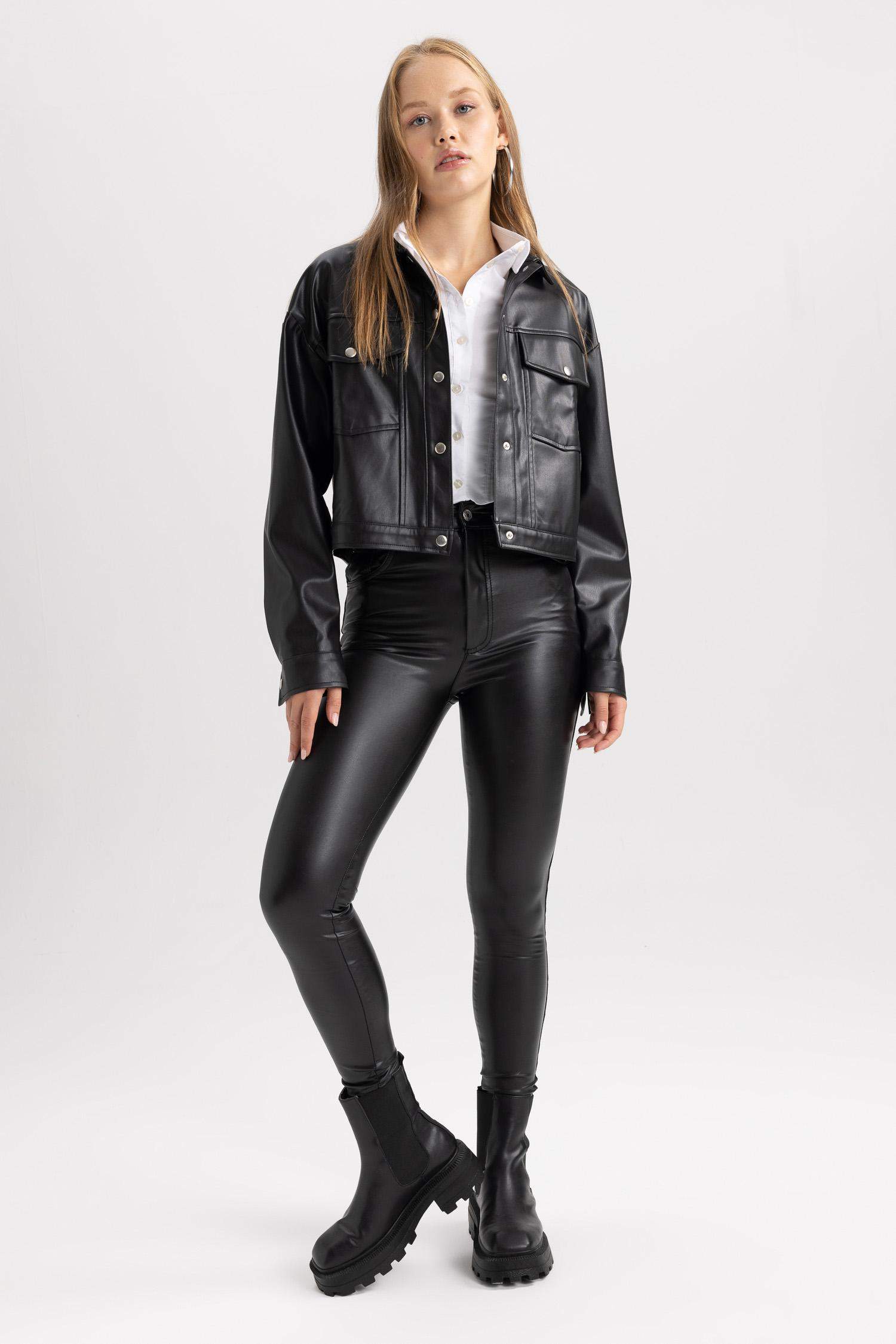 Сорочка з довгим рукавом оверсайз зі штучної шкіри для жінок