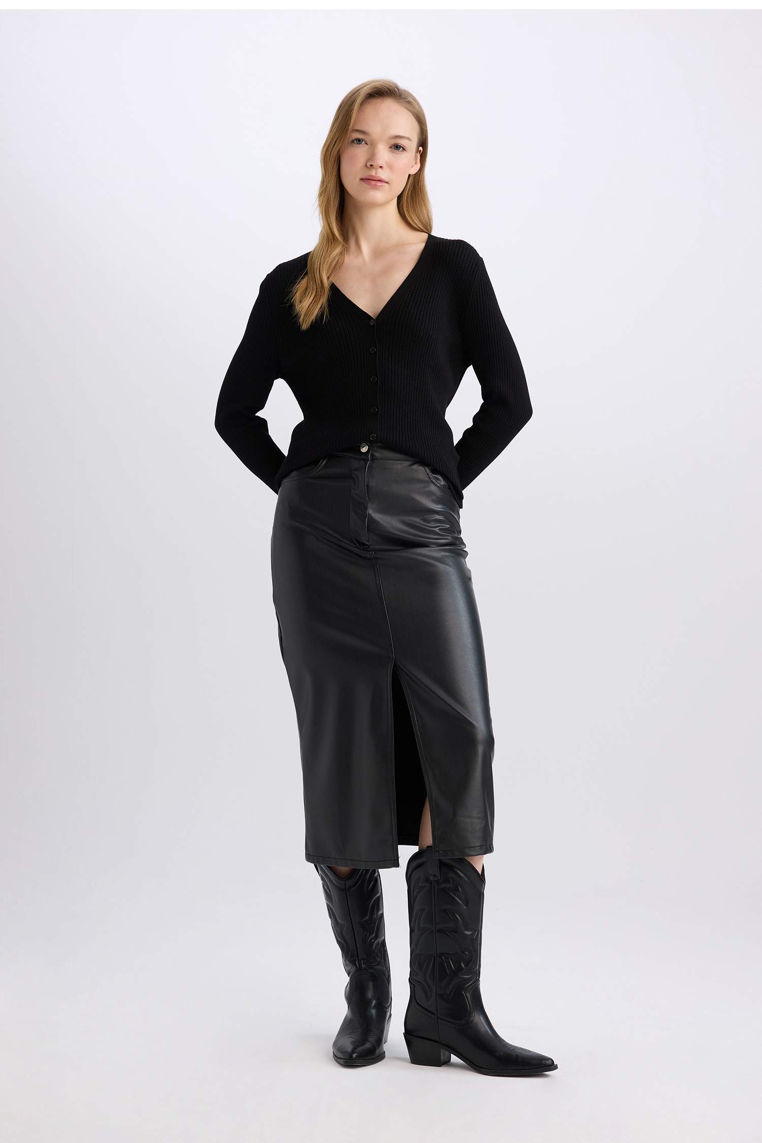 Pencil Skirt Faux Leather Midi Knitted Skirt