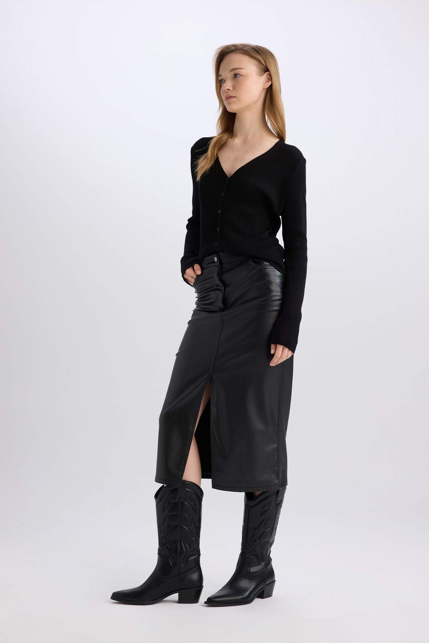 Pencil Skirt Faux Leather Midi Knitted Skirt