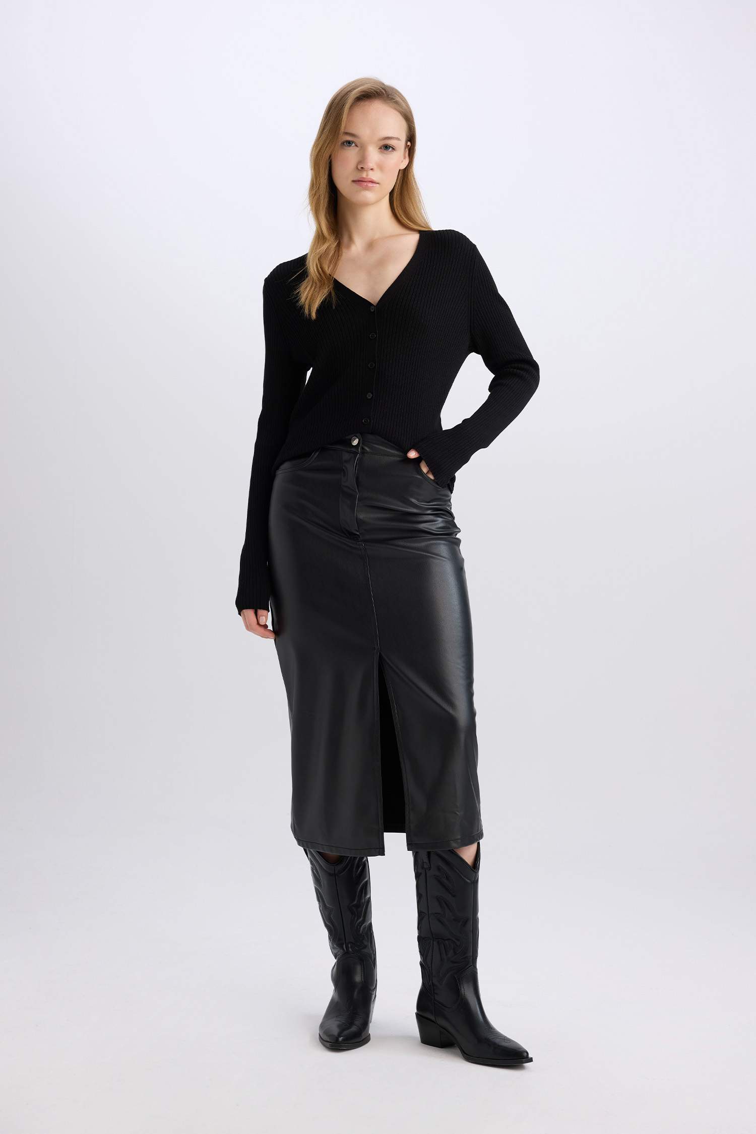 Pencil Skirt Faux Leather Midi Knitted Skirt