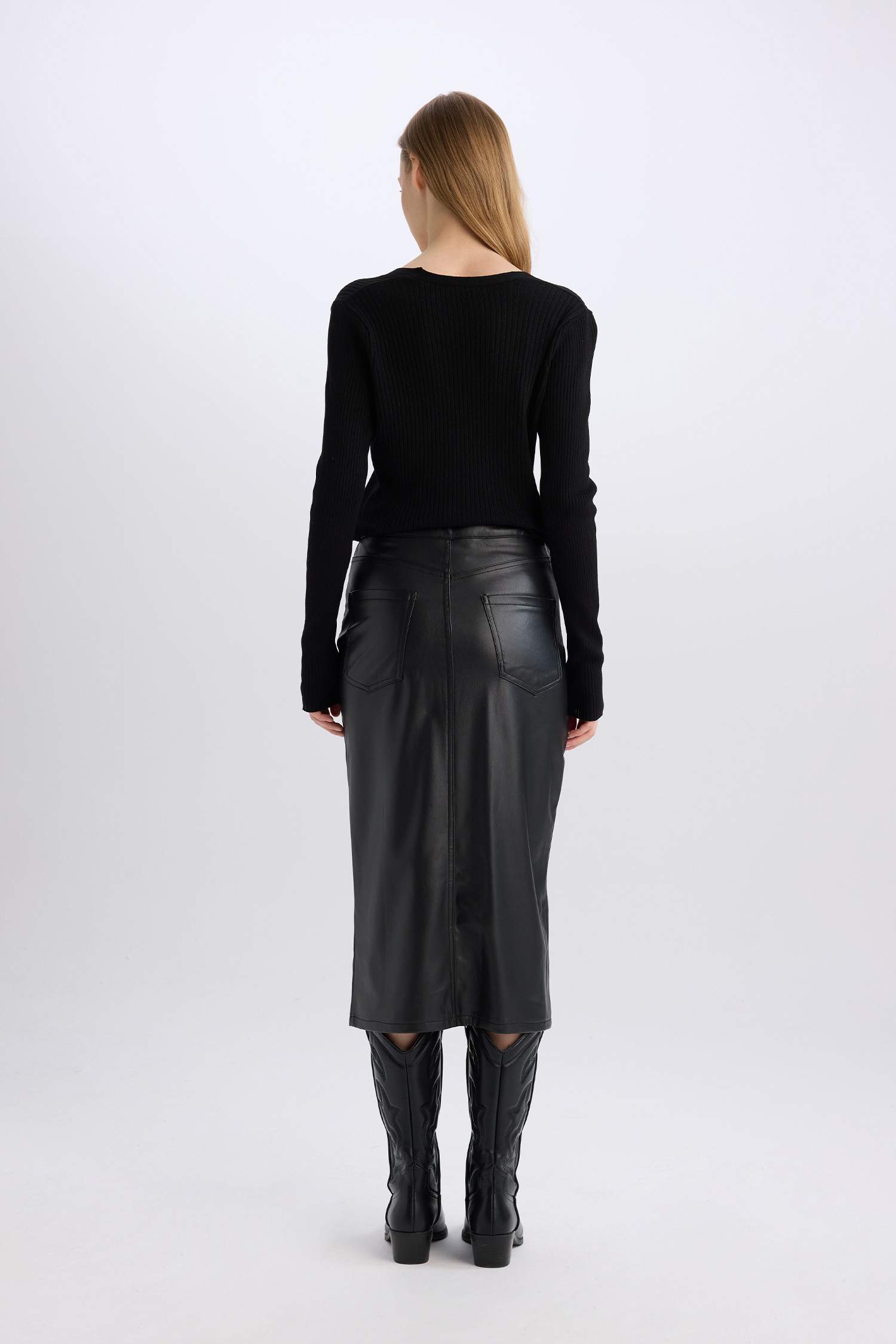 Pencil Skirt Faux Leather Midi Knitted Skirt