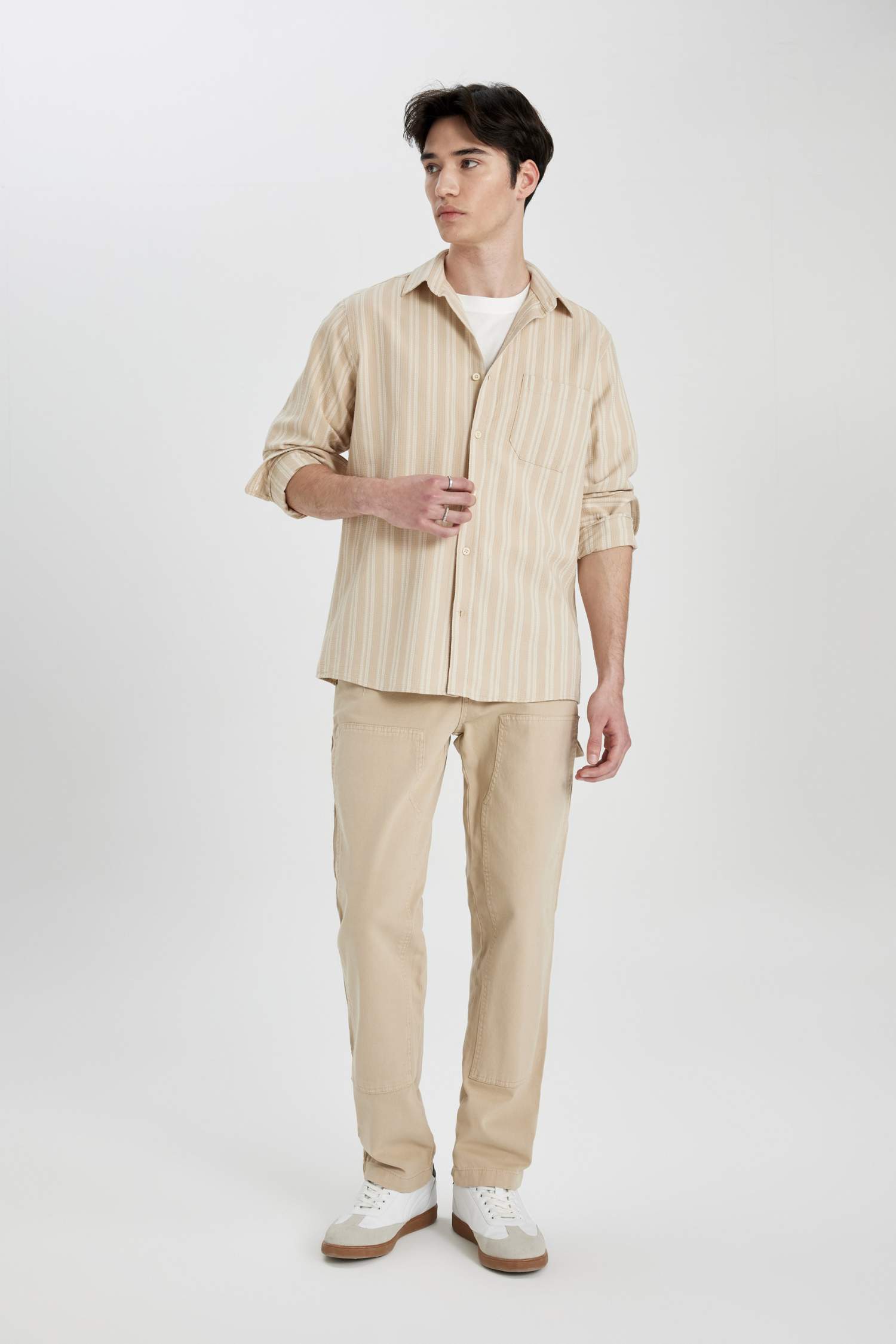 Regular Fit Waffle Çizgili Pamuklu Uzun Kollu Gömlek