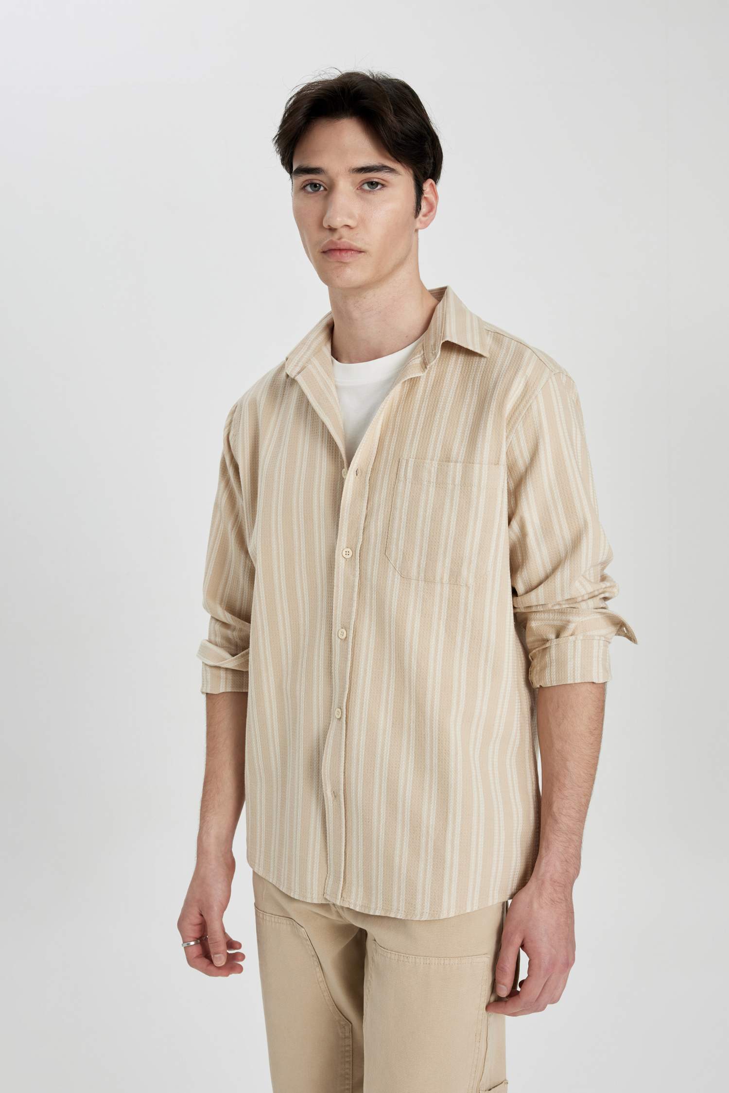 Regular Fit Waffle Çizgili Pamuklu Uzun Kollu Gömlek