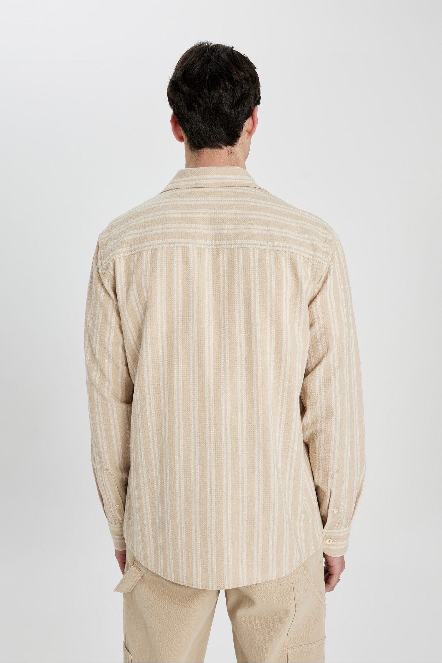 Regular Fit Waffle Çizgili Pamuklu Uzun Kollu Gömlek