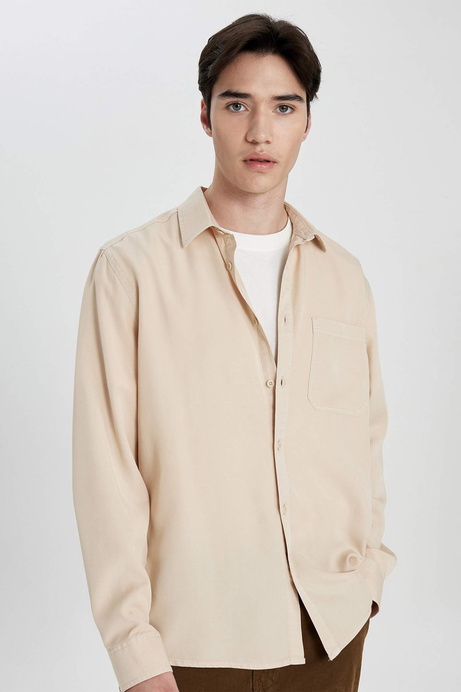 Regular Fit Basic Düz Tensel Uzun Kollu Gömlek