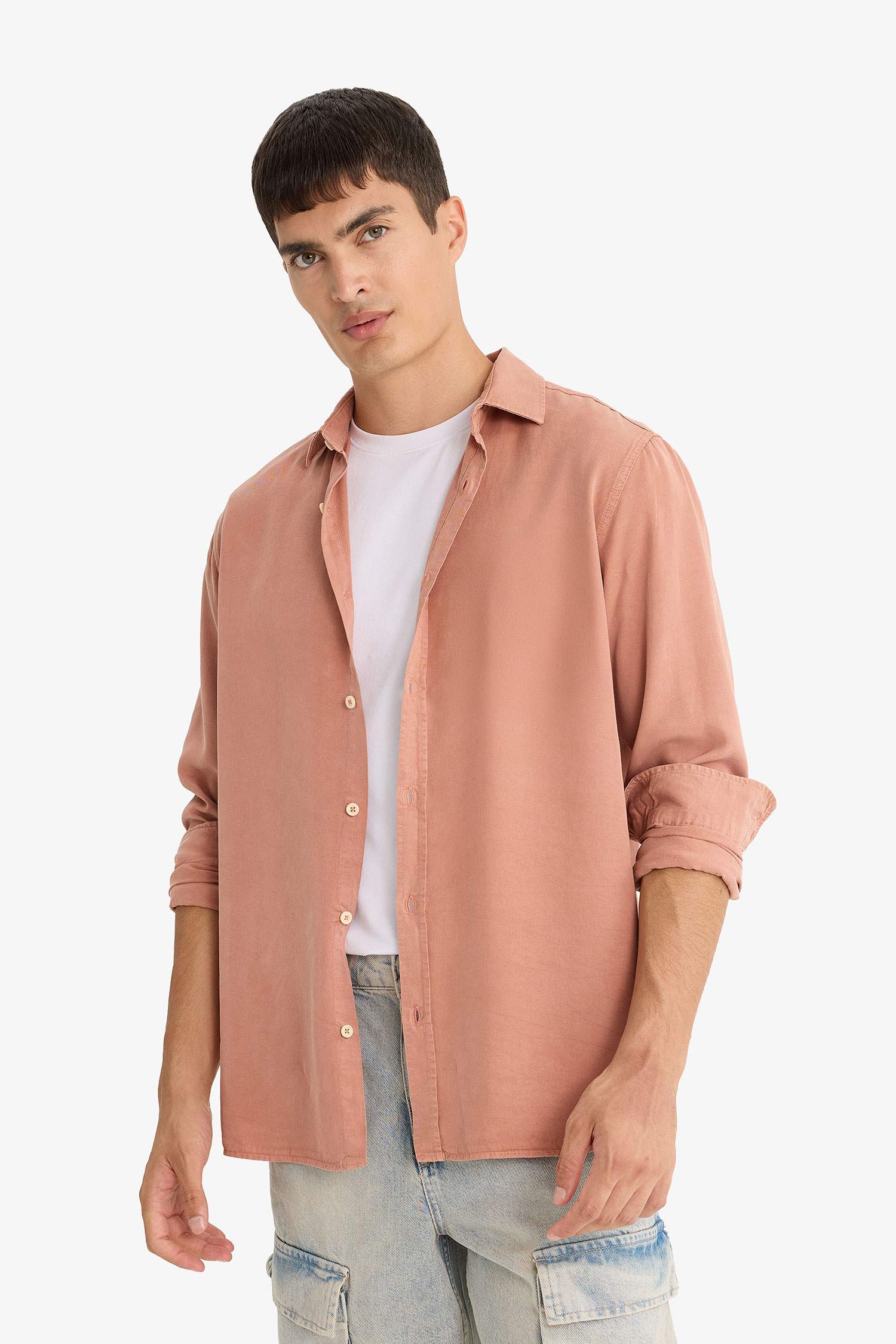 Regular Fit Basic Düz Tensel Uzun Kollu Gömlek