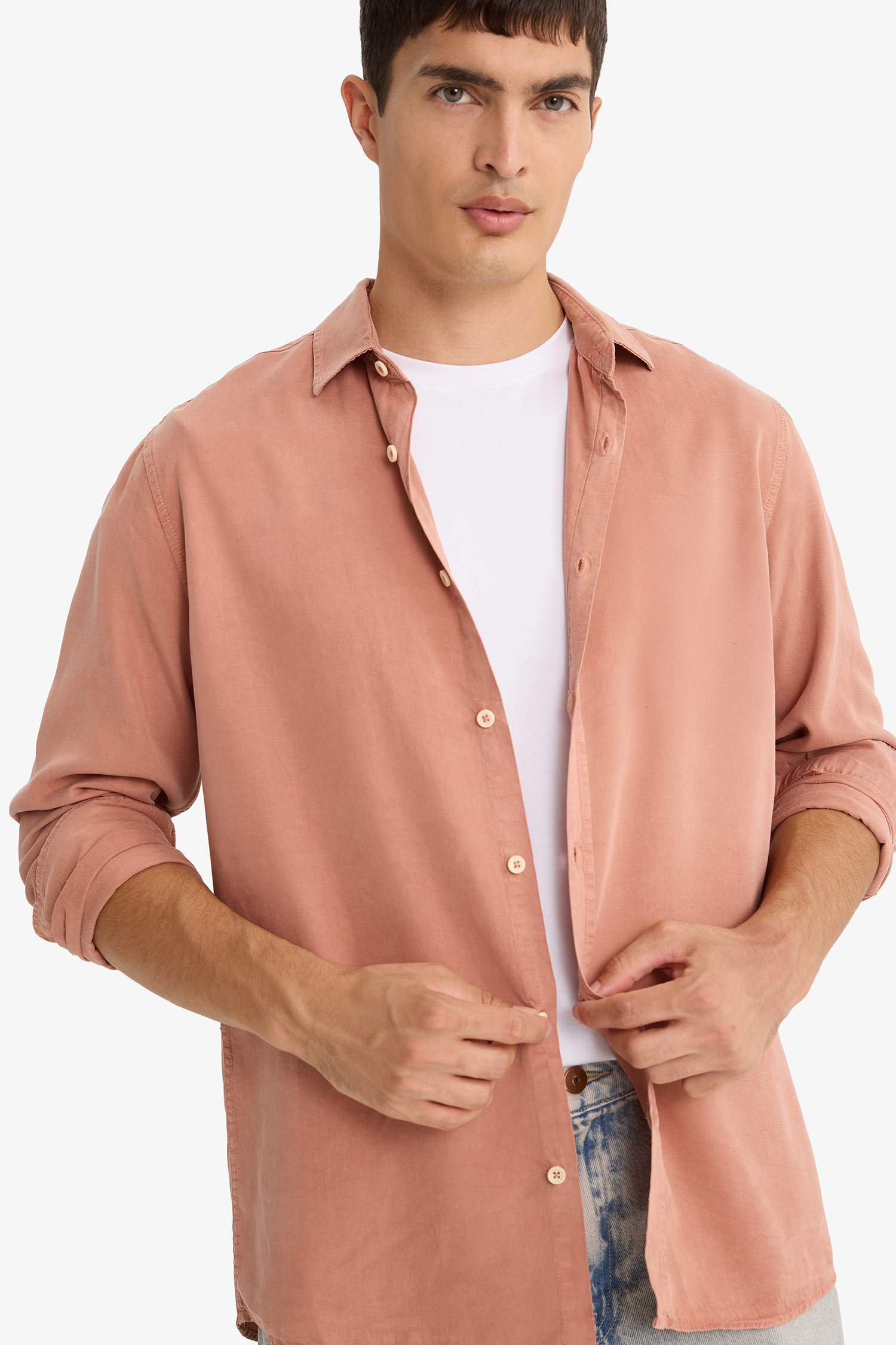 Regular Fit Basic Düz Tensel Uzun Kollu Gömlek