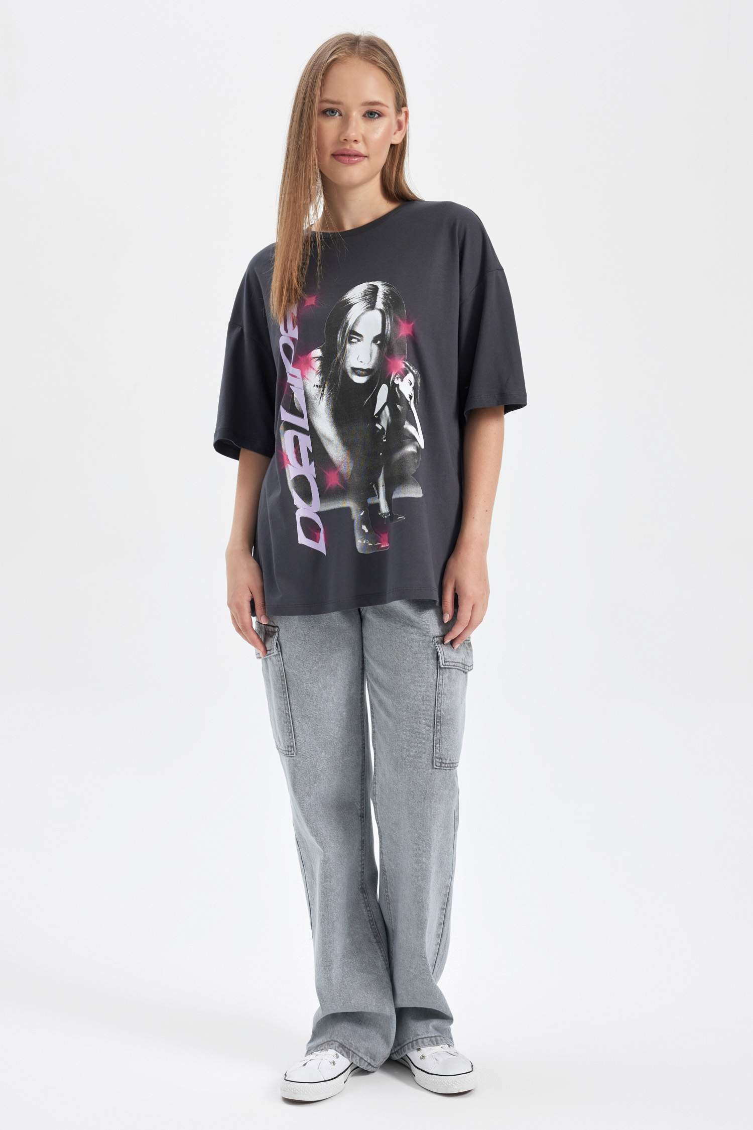 تيشيرت نص ردن مطبوع اوفر سايز