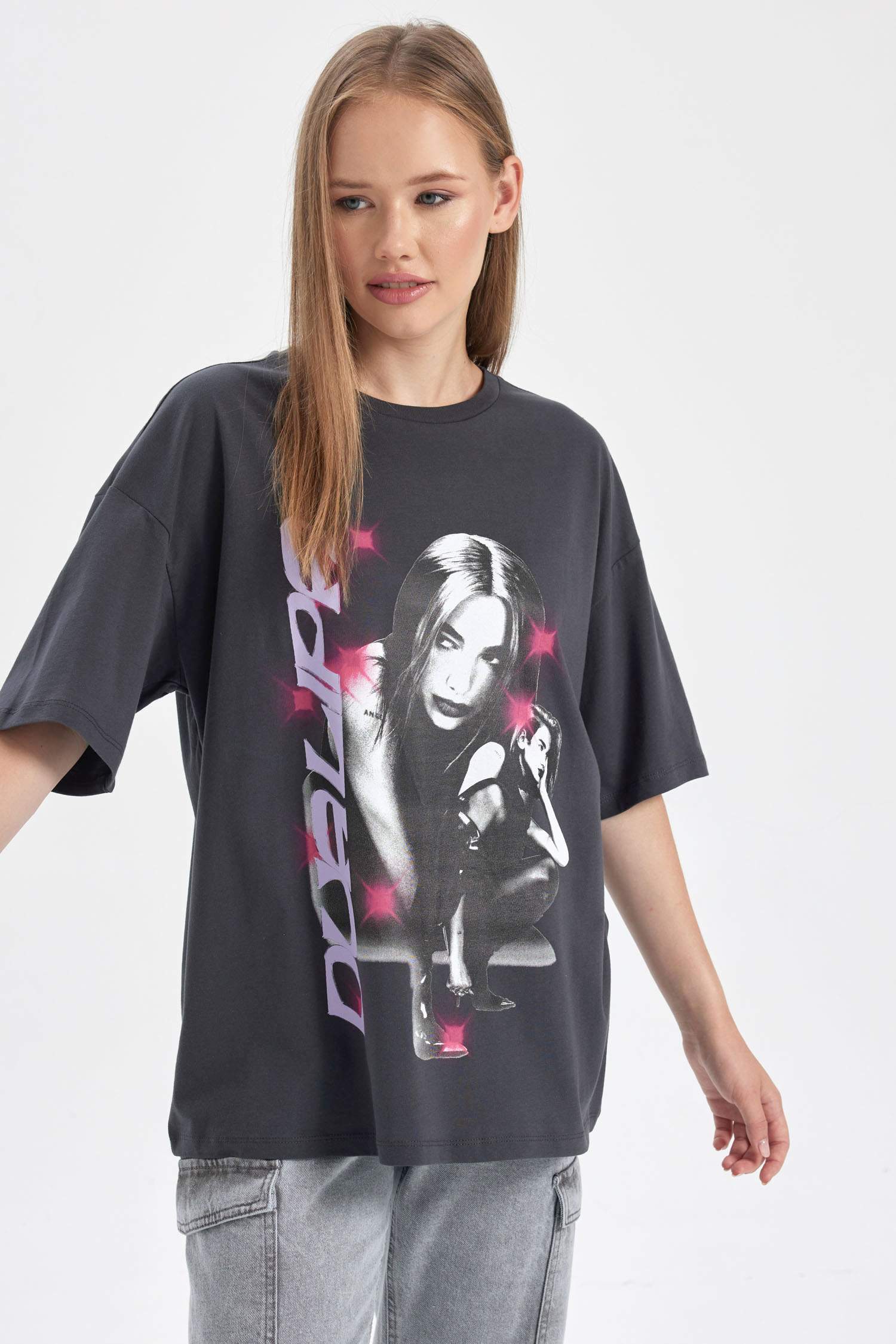 تيشيرت نص ردن مطبوع اوفر سايز