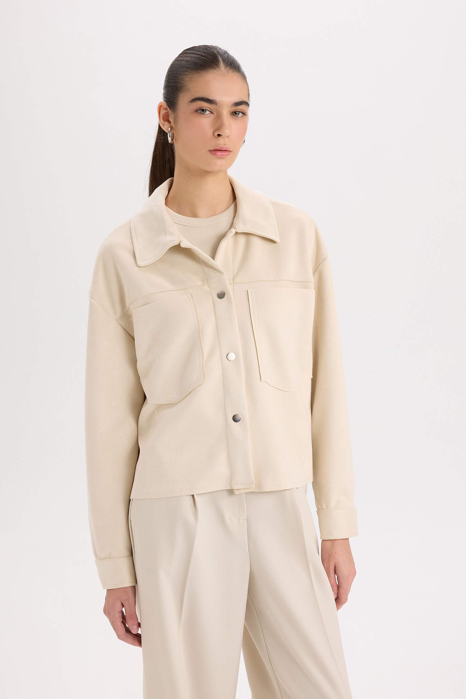 Shirt Collar Pocketed Suede Crop Jacket