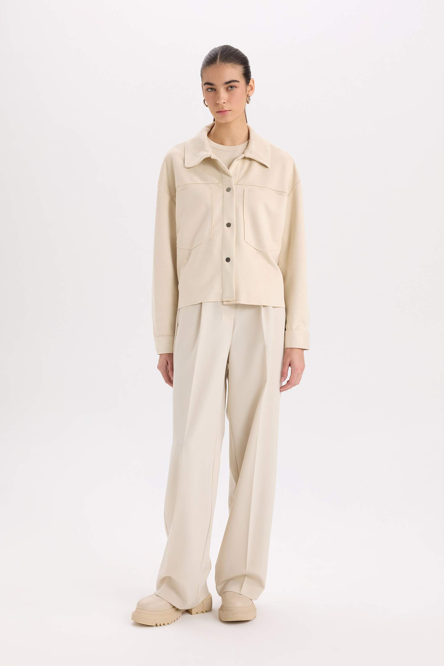 Shirt Collar Pocketed Suede Crop Jacket