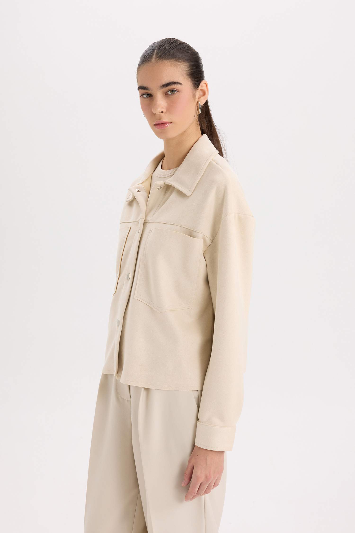 Shirt Collar Pocketed Suede Crop Jacket