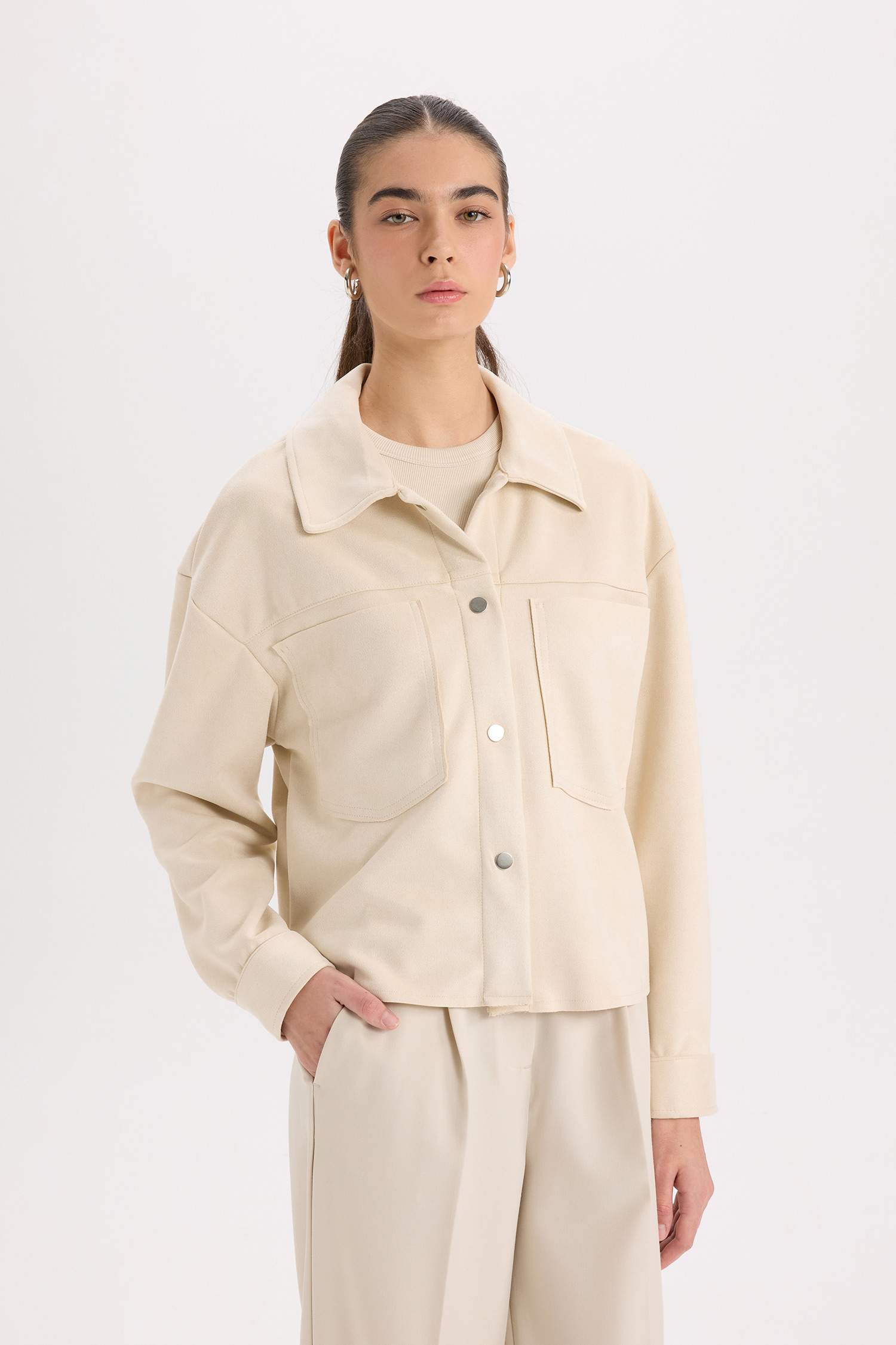 Shirt Collar Pocketed Suede Crop Jacket