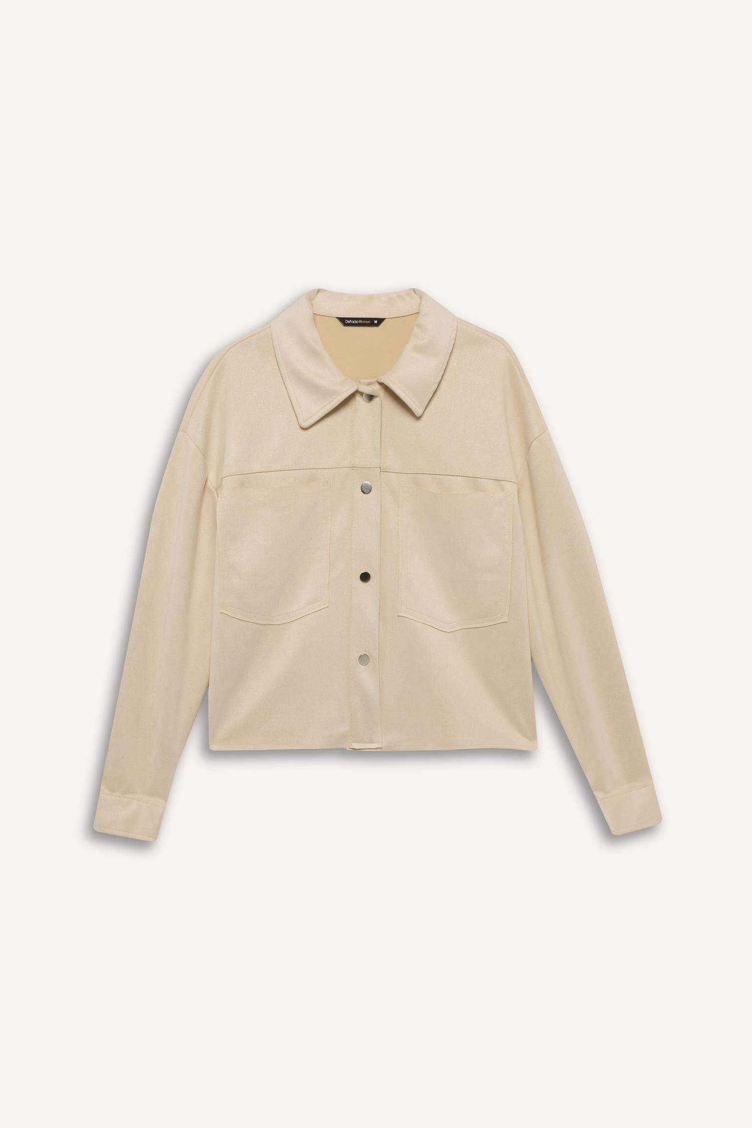 Shirt Collar Pocketed Suede Crop Jacket