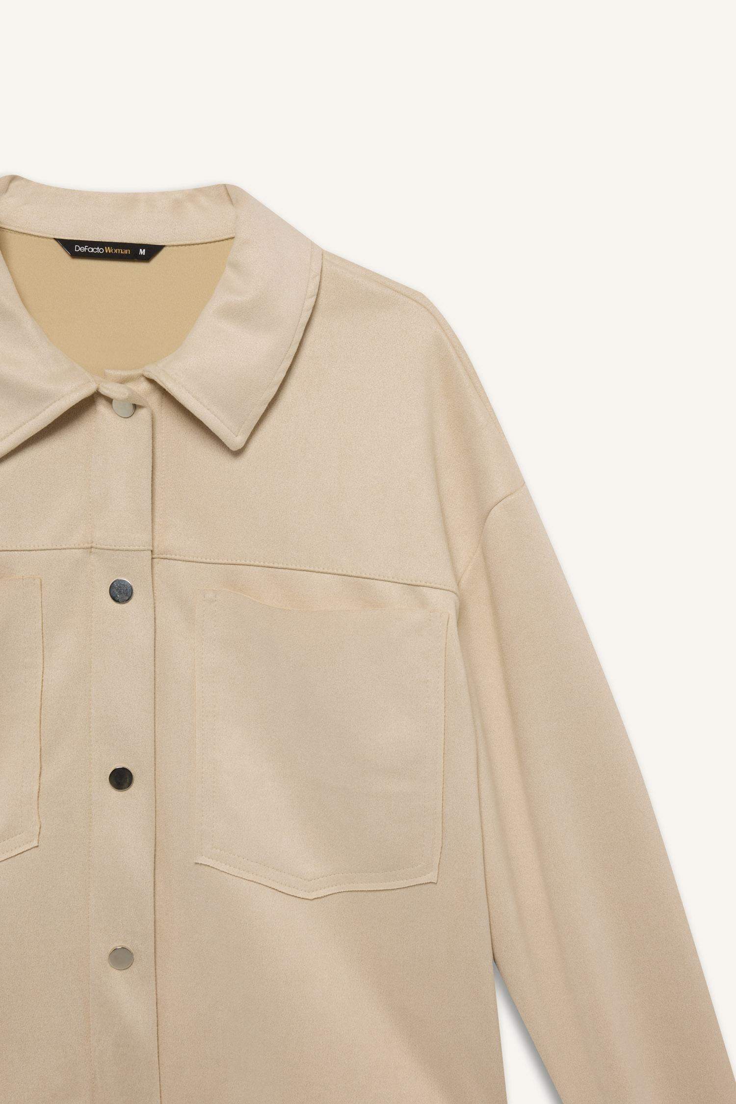 Shirt Collar Pocketed Suede Crop Jacket