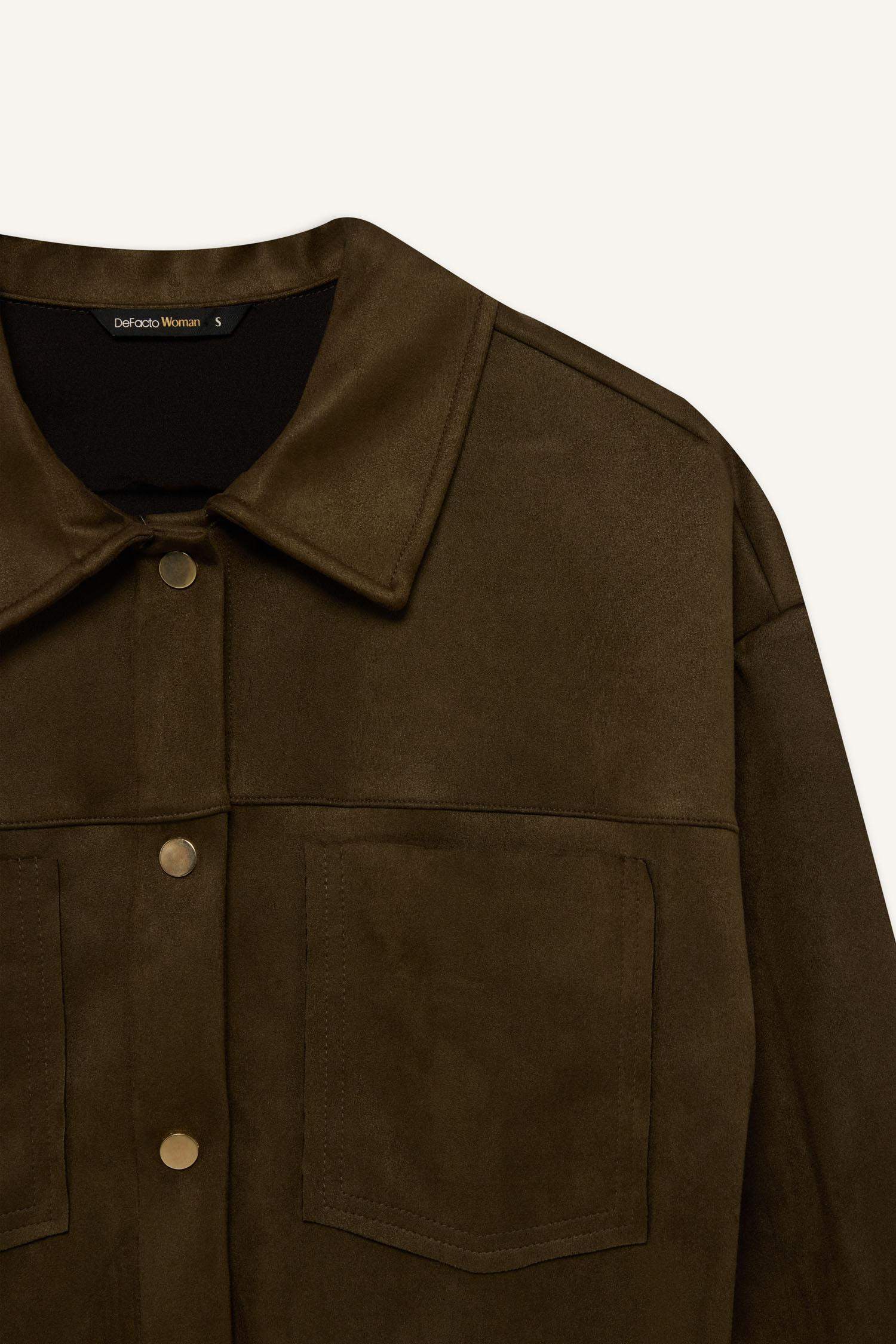 Shirt Collar Pocketed Suede Crop Jacket