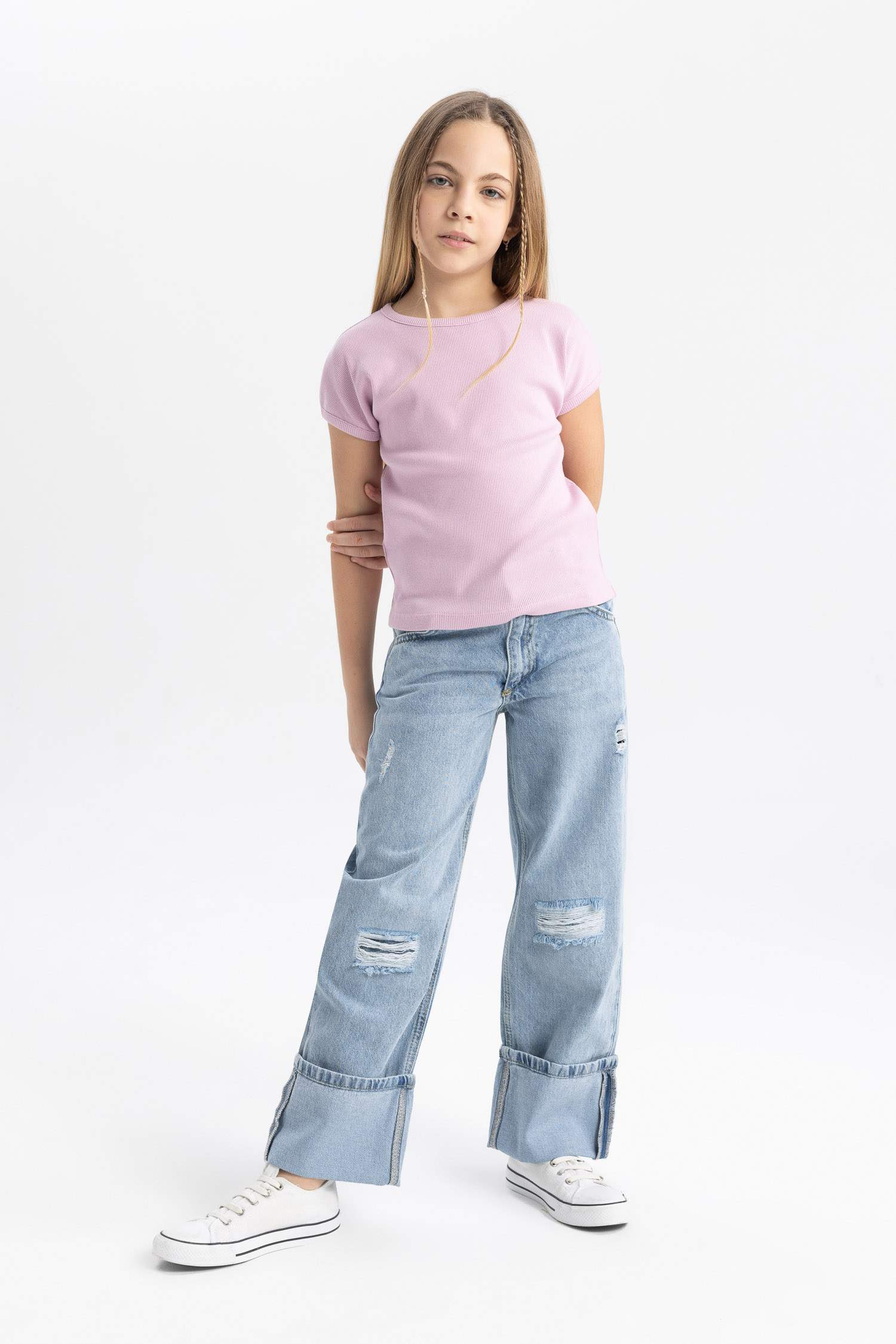 Kız Çocuk Slim Fit Dar Kesim Bisiklet Yaka Basic Düz Fitilli Kaşkorse Kısa Kollu Tişört